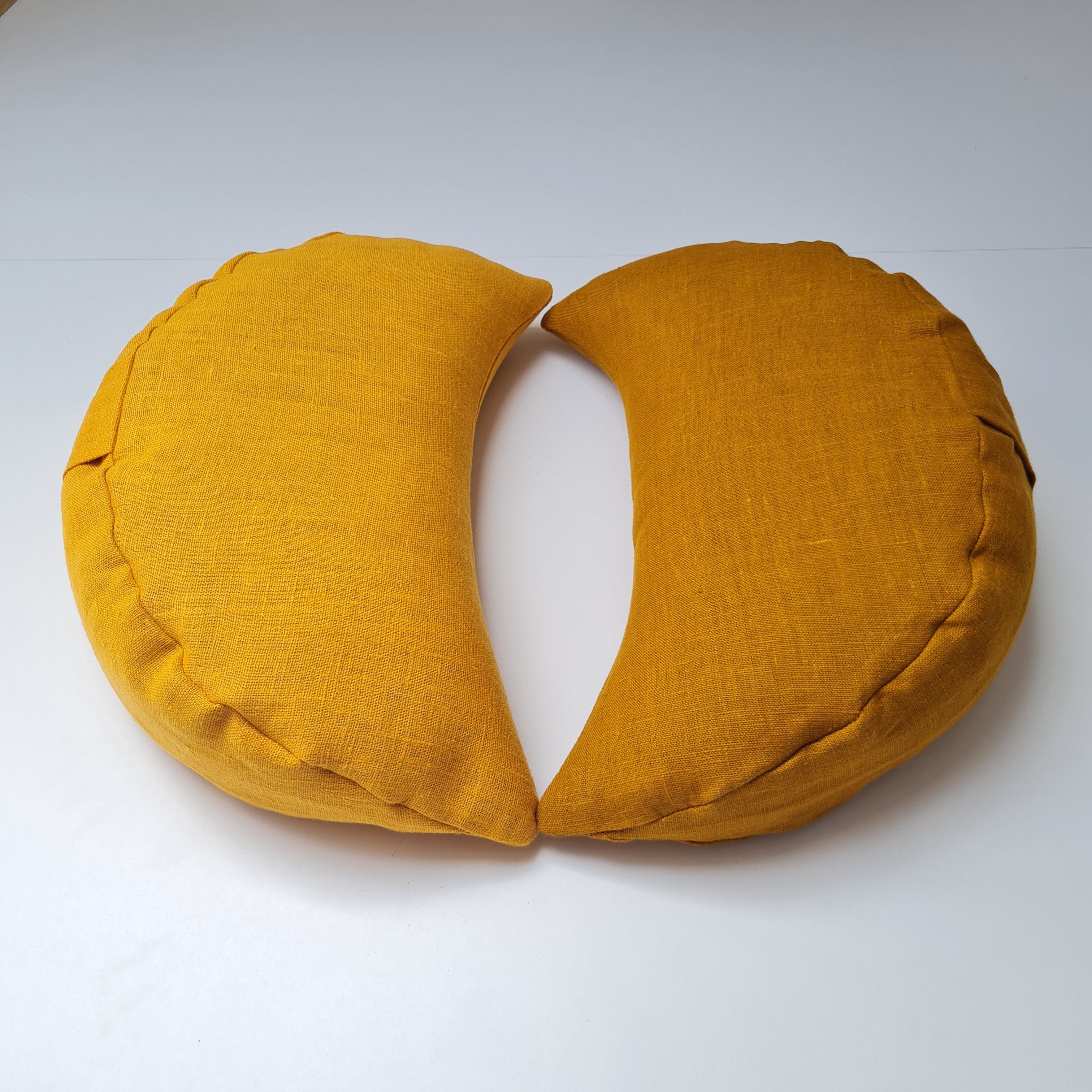 Mustard linen meditation Cresсent cushion filled with buckwheat hulls Yoga support pillow