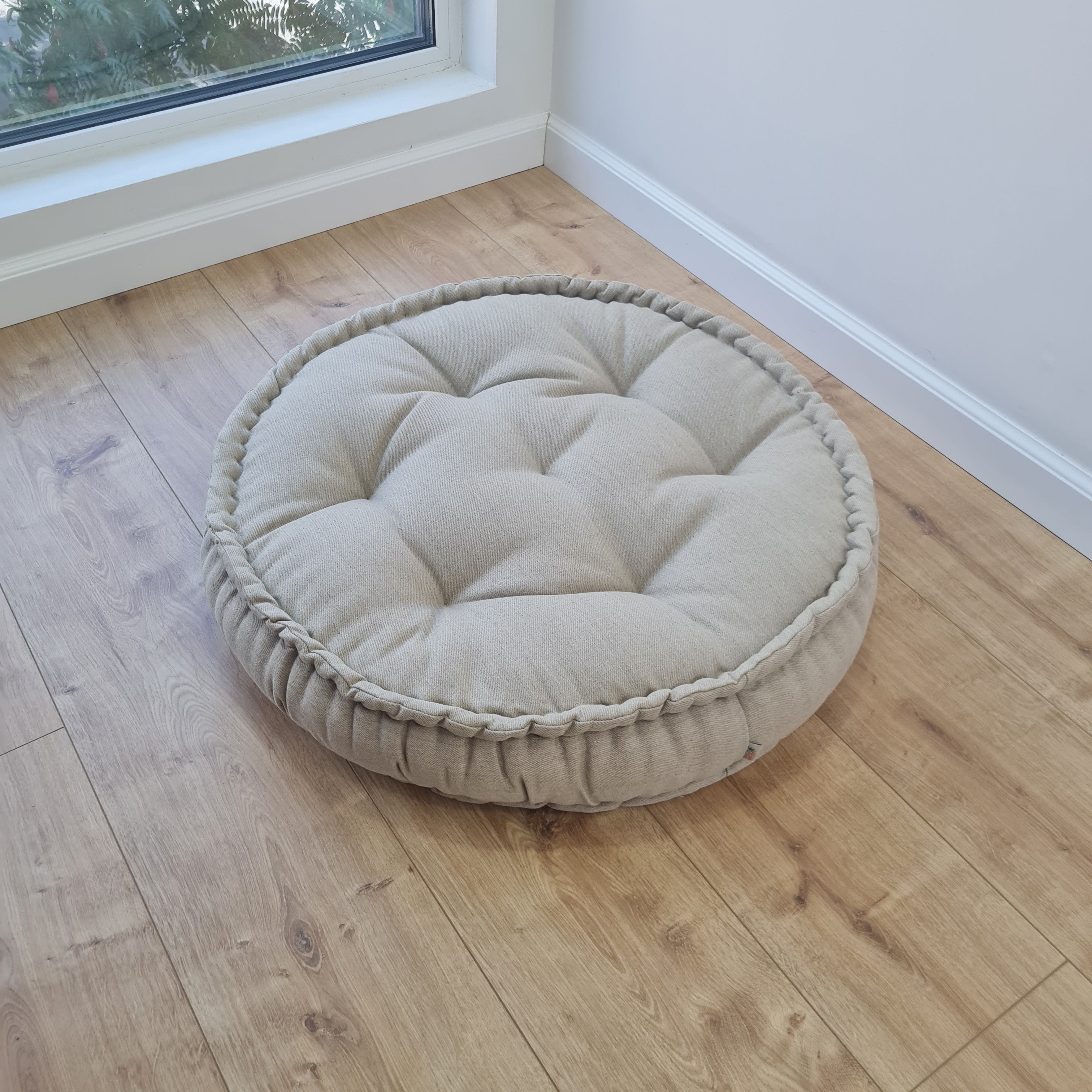 Black Round Hemp Linen Floor Cushion 6" (16cm) thick filled Organic Hemp Fiber in natural Linen fabric Meditation seat custom made size