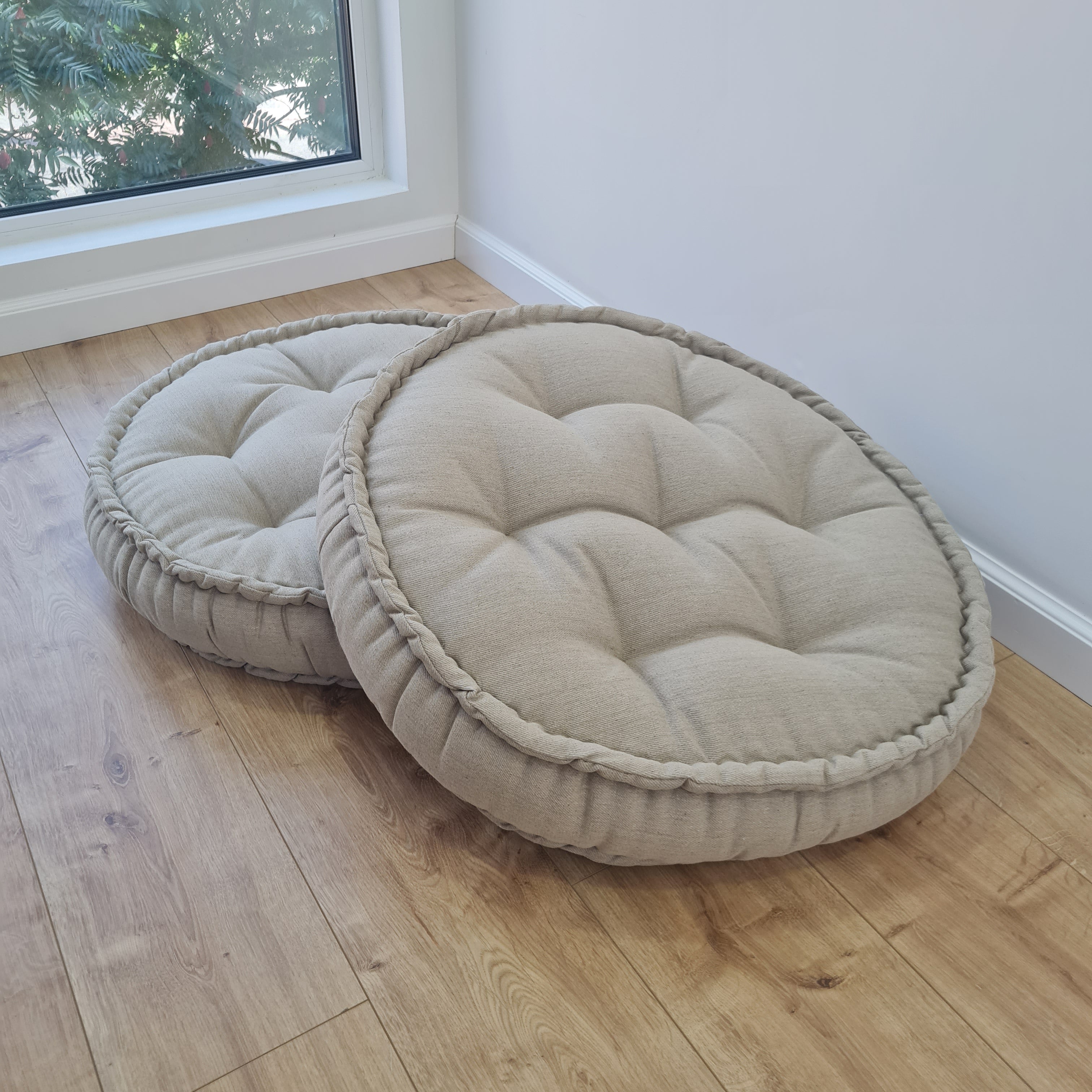 Black Round Hemp Linen Floor Cushion 6" (16cm) thick filled Organic Hemp Fiber in natural Linen fabric Meditation seat custom made size