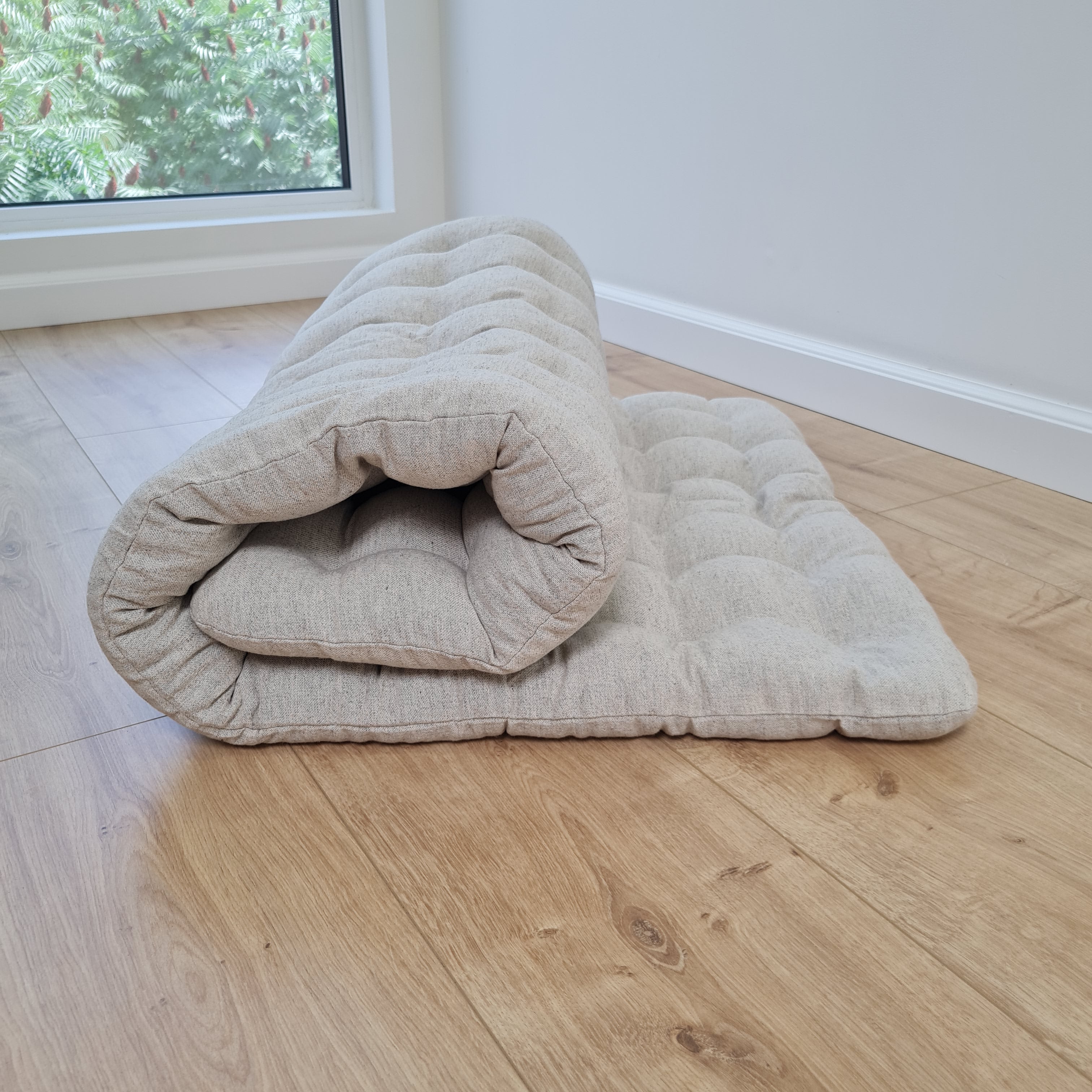 24" x 43" (60x110cm) Natural HEMP floor topper filled organic buckwheat hulls filling yoga mat multi chamber futon in hemp fabric