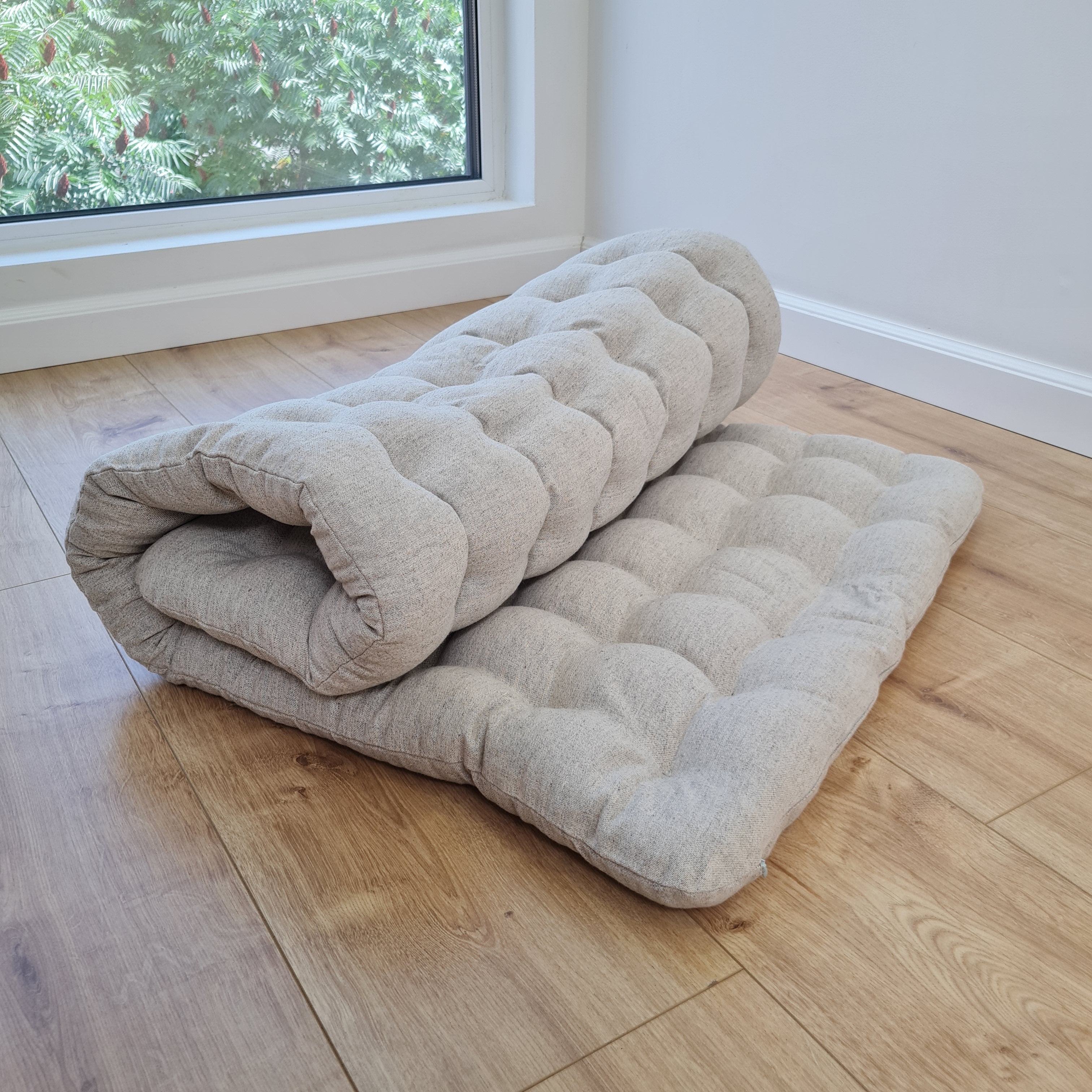 24" x 43" (60x110cm) Natural HEMP floor topper filled organic buckwheat hulls filling yoga mat multi chamber futon in hemp fabric