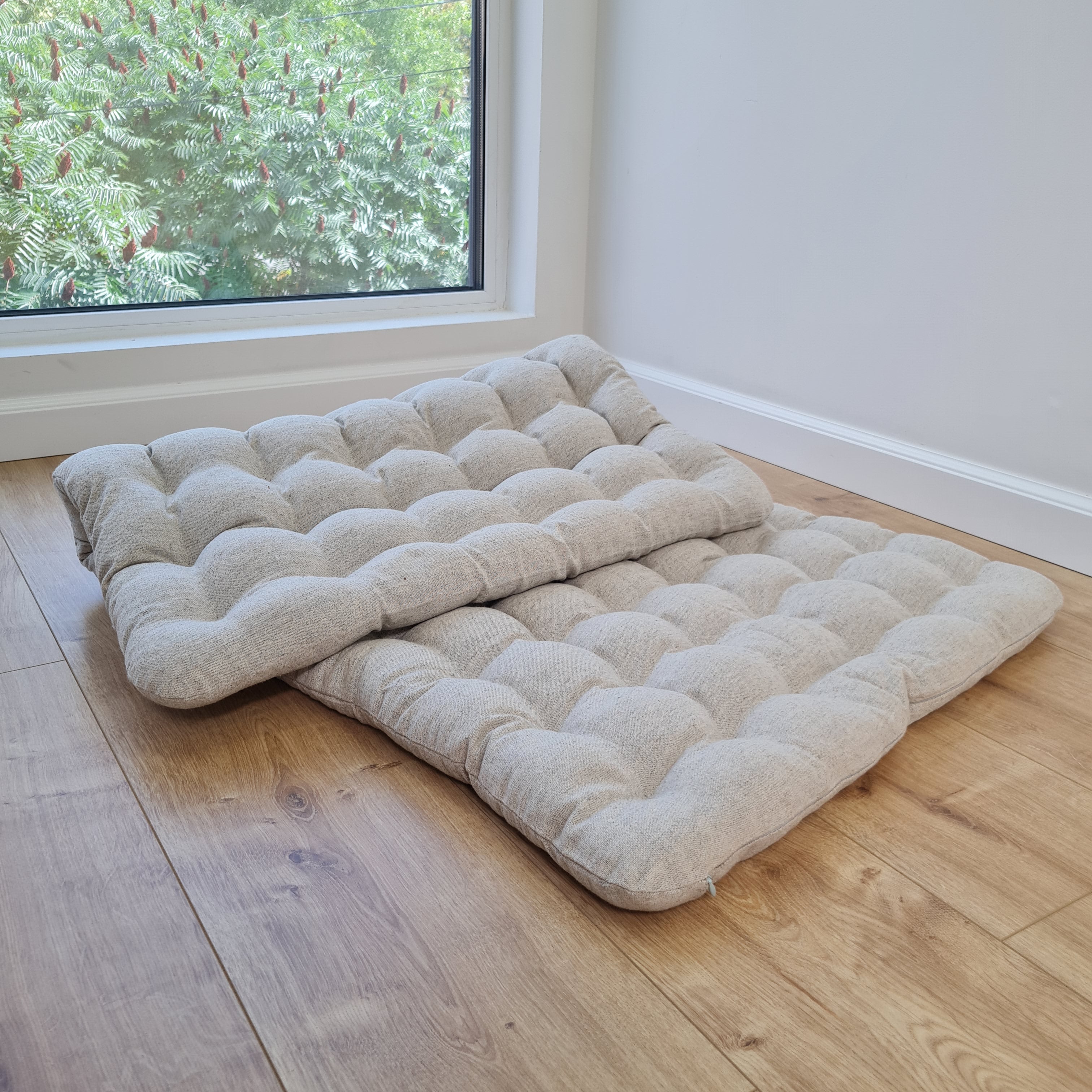 24" x 43" (60x110cm) Natural HEMP floor topper filled organic buckwheat hulls filling yoga mat multi chamber futon in hemp fabric