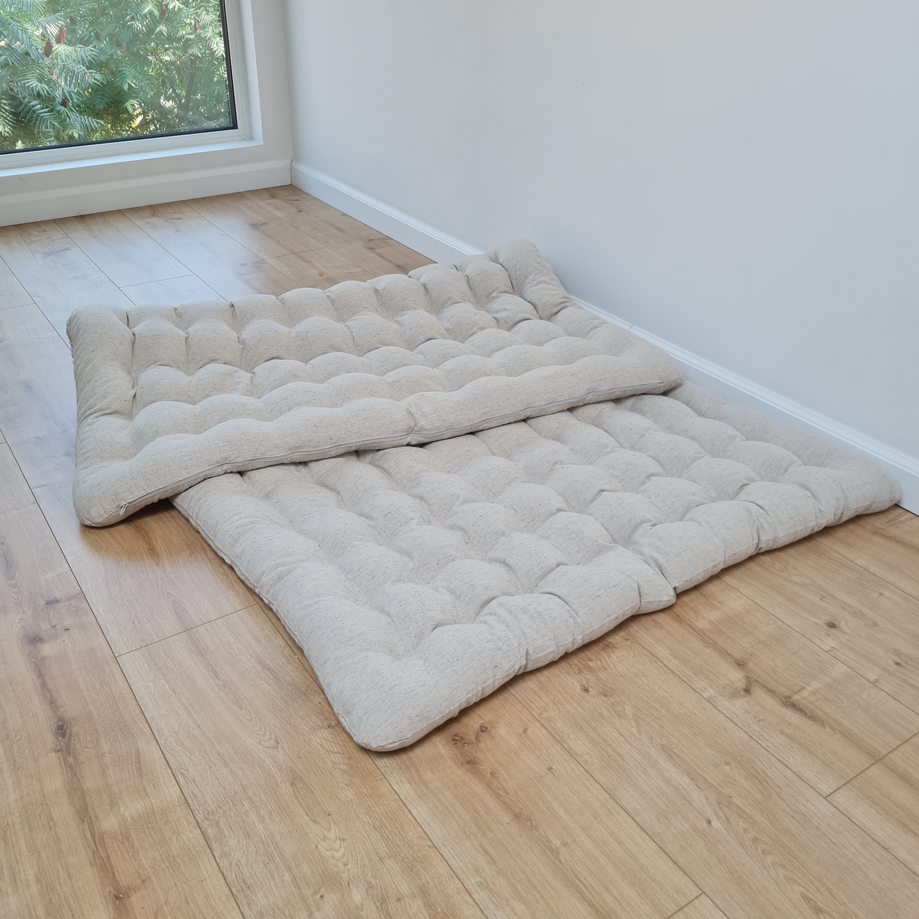 35" x 65" (90x165cm) Natural HEMP floor topper filled organic buckwheat hulls filling yoga mat multi chamber futon in hemp fabric