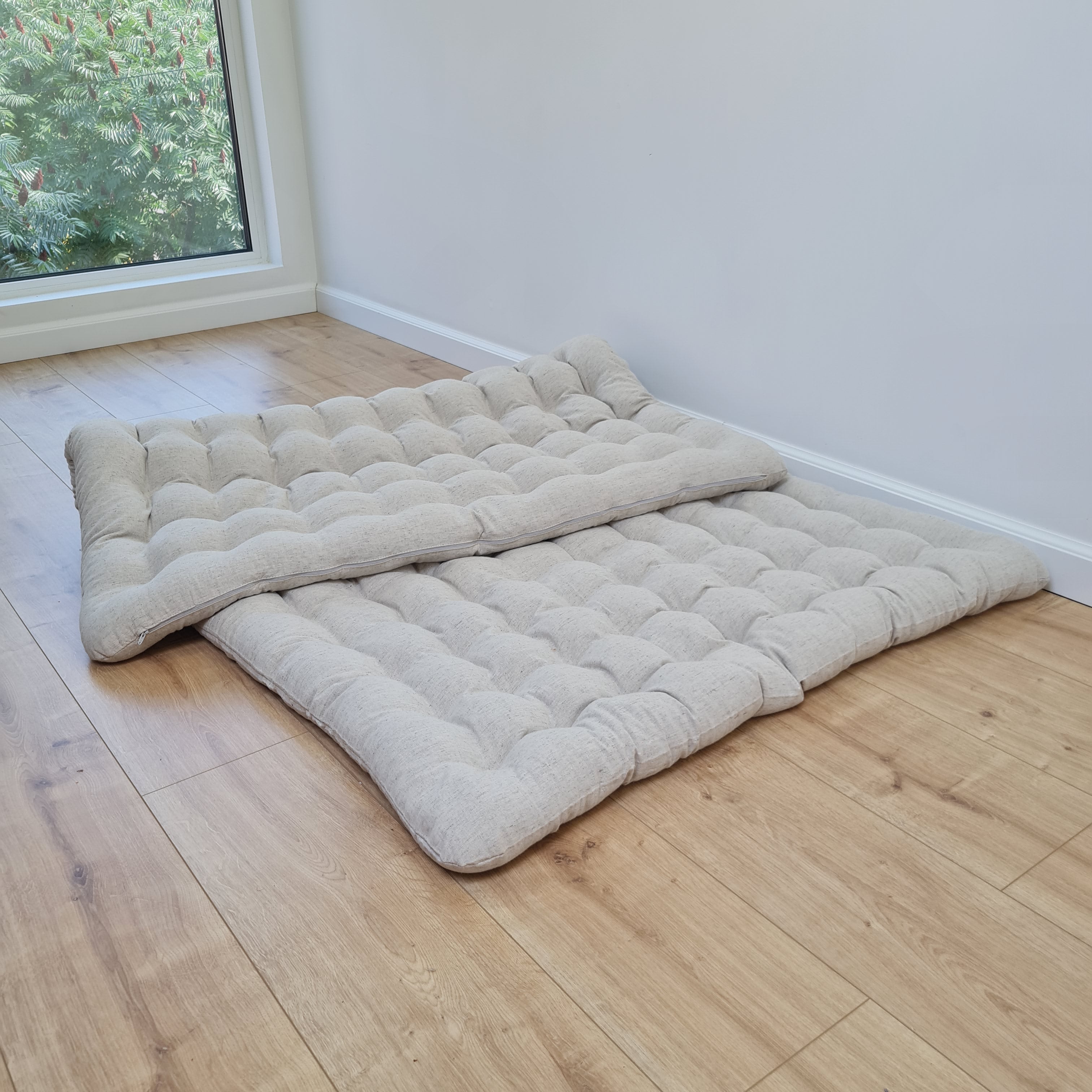 35" x 65" (90x165cm) Natural HEMP floor topper filled organic buckwheat hulls filling yoga mat multi chamber futon in hemp fabric