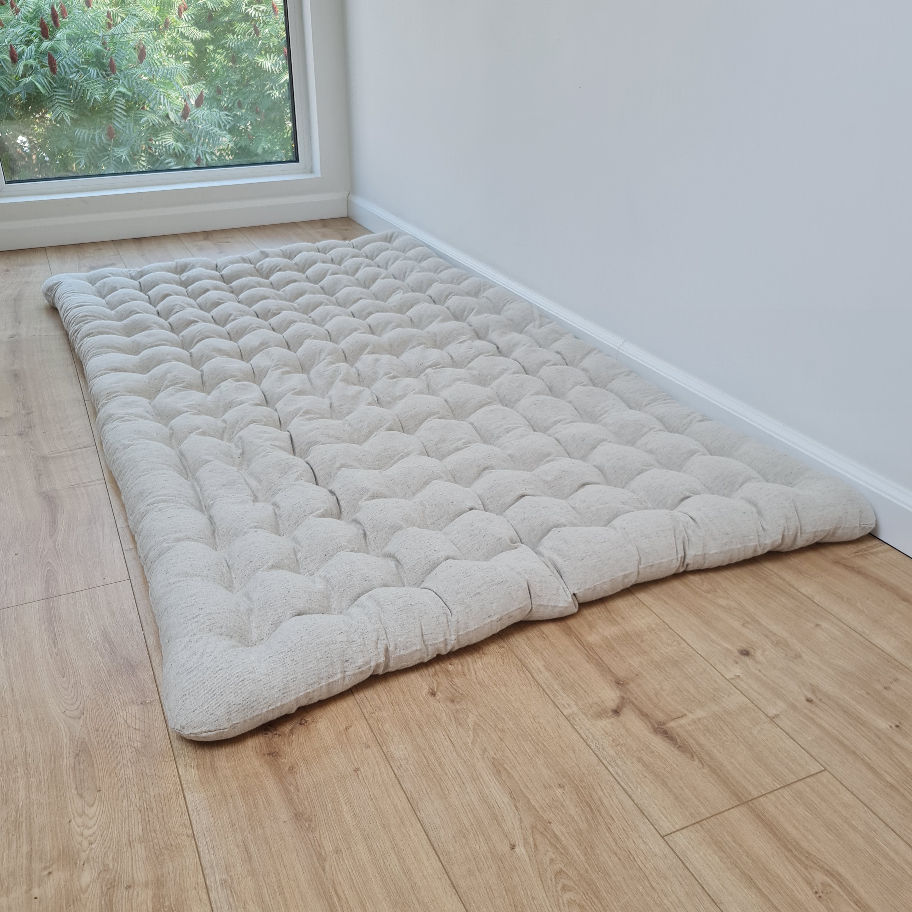 35" x 65" (90x165cm) Natural HEMP floor topper filled organic buckwheat hulls filling yoga mat multi chamber futon in hemp fabric
