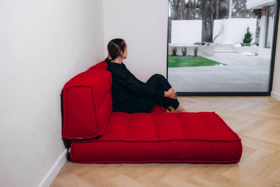 Unique Set of Hemp floor cushions: two 49"x29"x7.8", plus back cushions of 49"x16"x7.8" and 29"x16"x7.8" filled organic hemp fiber filling