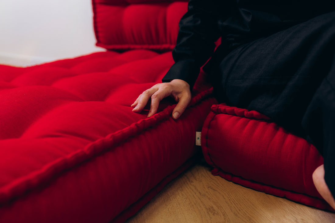 Unique Set of Hemp floor cushions: two 49"x29"x7.8", plus back cushions of 49"x16"x7.8" and 29"x16"x7.8" filled organic hemp fiber filling