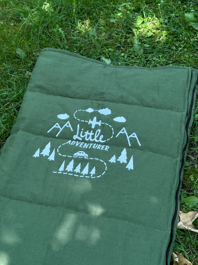 Toddler HEMP Linen Sleeping bag Green "Adventurer" School Nap Mat Kids organic Hemp Fiber Filling in Linen Fabric Blanket Hand Made