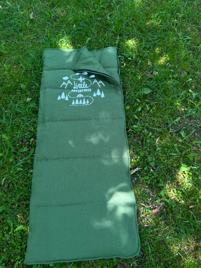 Toddler HEMP Linen Sleeping bag Green "Adventurer" School Nap Mat Kids organic Hemp Fiber Filling in Linen Fabric Blanket Hand Made