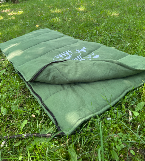 Toddler HEMP Linen Sleeping bag Green "Adventurer" School Nap Mat Kids organic Hemp Fiber Filling in Linen Fabric Blanket Hand Made