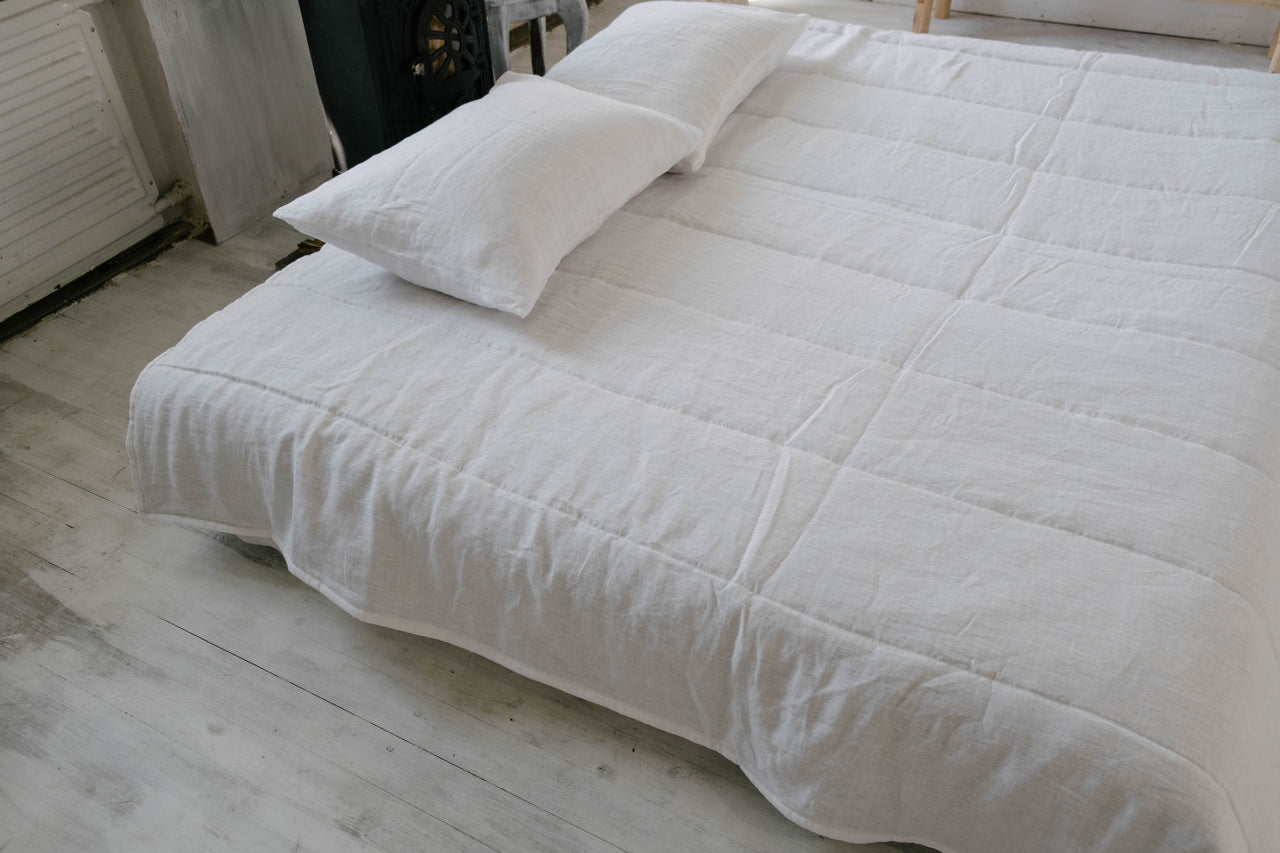 White Natural HEMP Linen blanket quilt in stripe- linen organic fabric + filler organic Hemp fiber - Full Queen King custom sizes