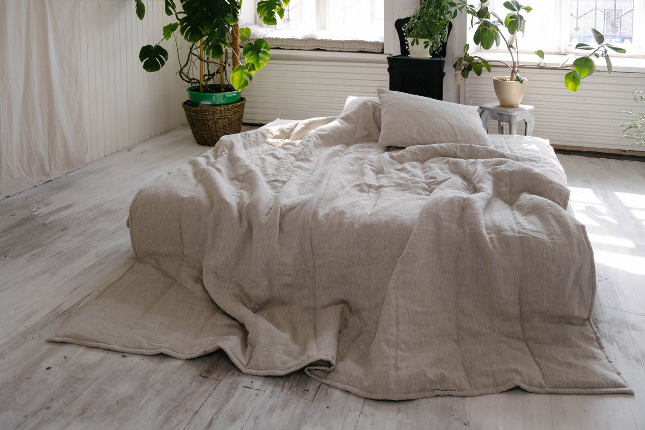 Natural Grey HEMP Linen  blanket quilt - linen organic fabric + filler - organic Hemp fiber - in stripe Full Twin Queen King Custom Sizes