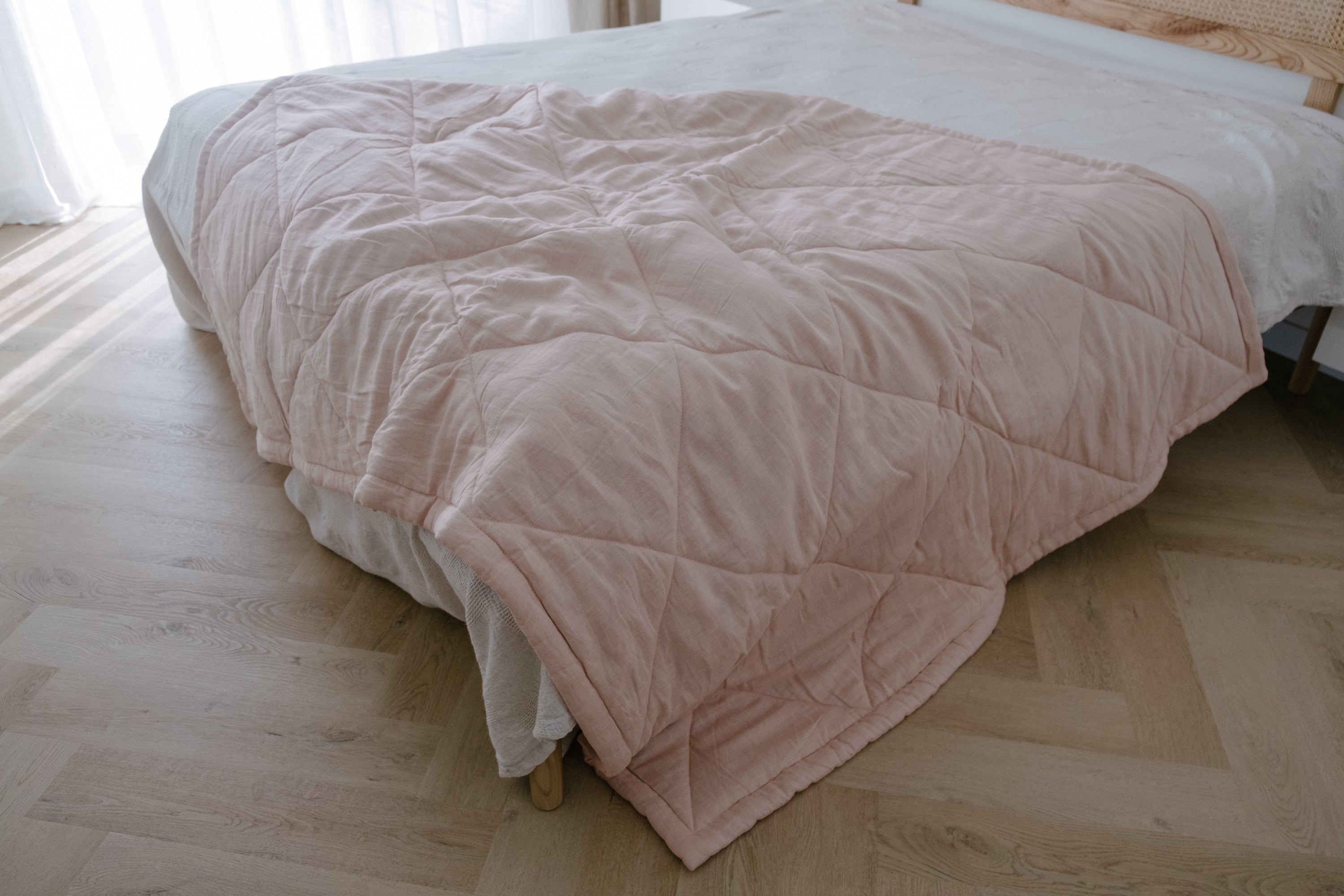 HEMP Linen viscose Blanket organic Hemp fiber filling in Natural Tender Peach Linen viscose Fabric cozy organic hand made Quilted blanket