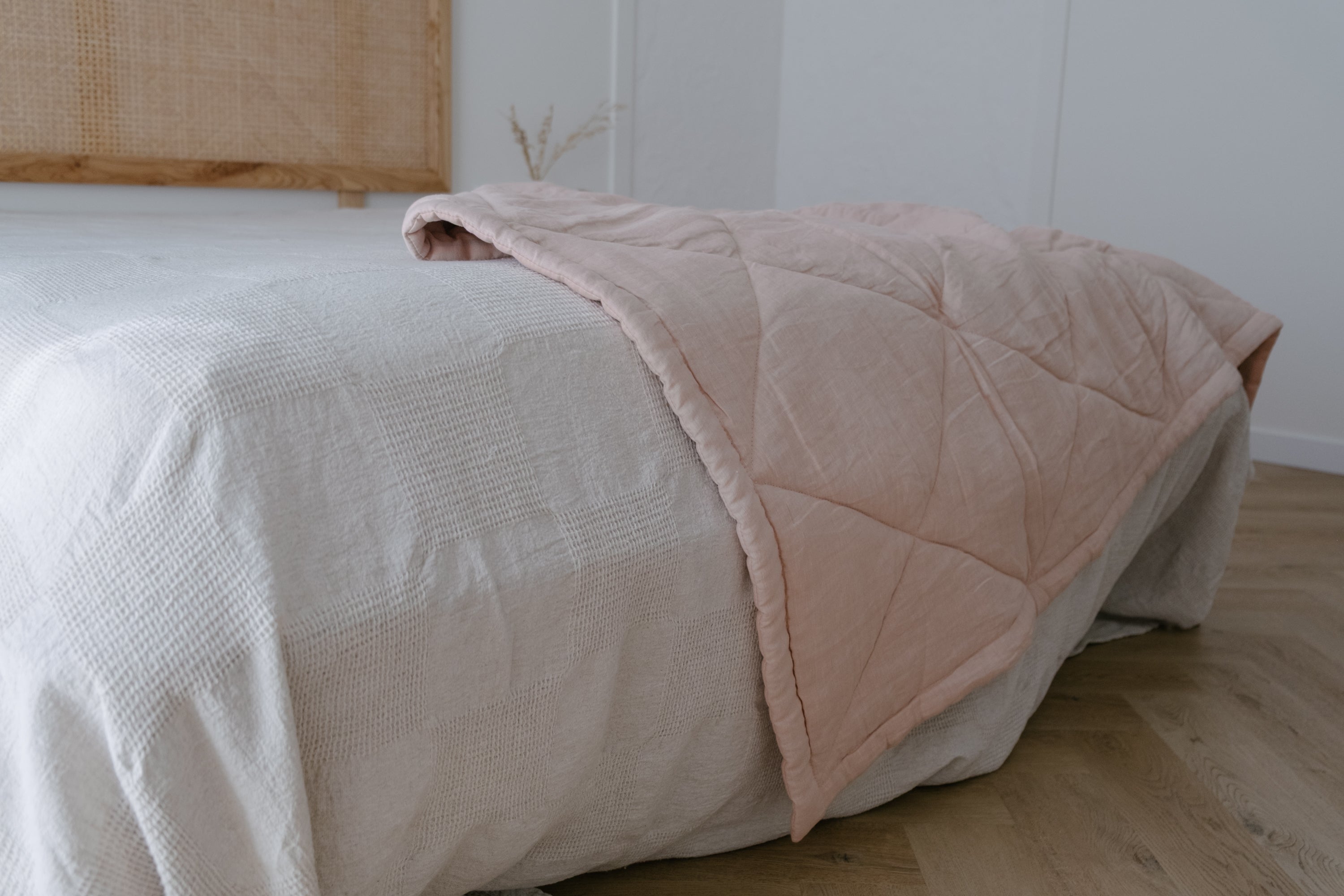 HEMP Linen viscose Blanket organic Hemp fiber filling in Natural Tender Peach Linen viscose Fabric cozy organic hand made Quilted blanket