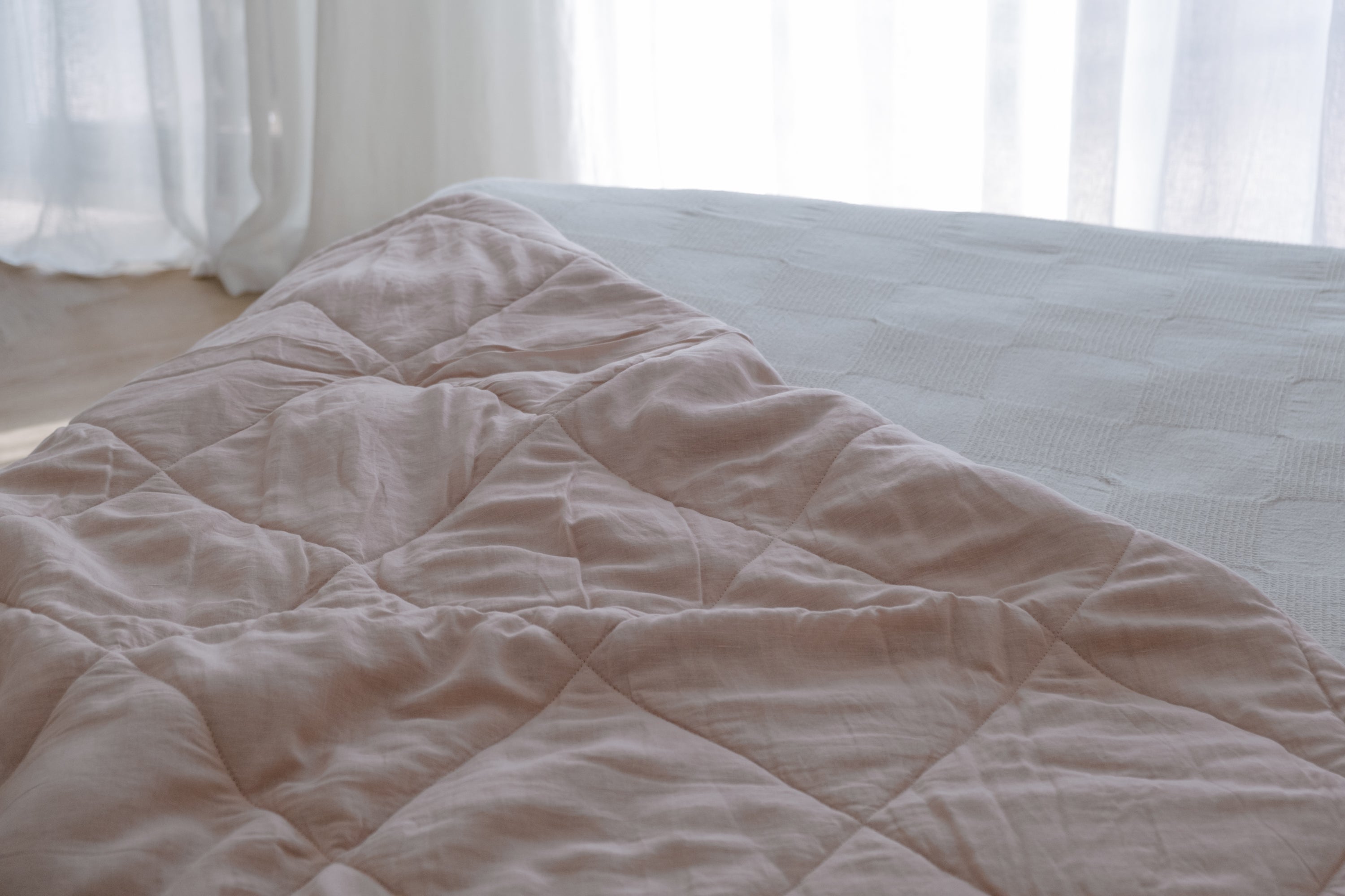 HEMP Linen viscose Blanket organic Hemp fiber filling in Natural Tender Peach Linen viscose Fabric cozy organic hand made Quilted blanket