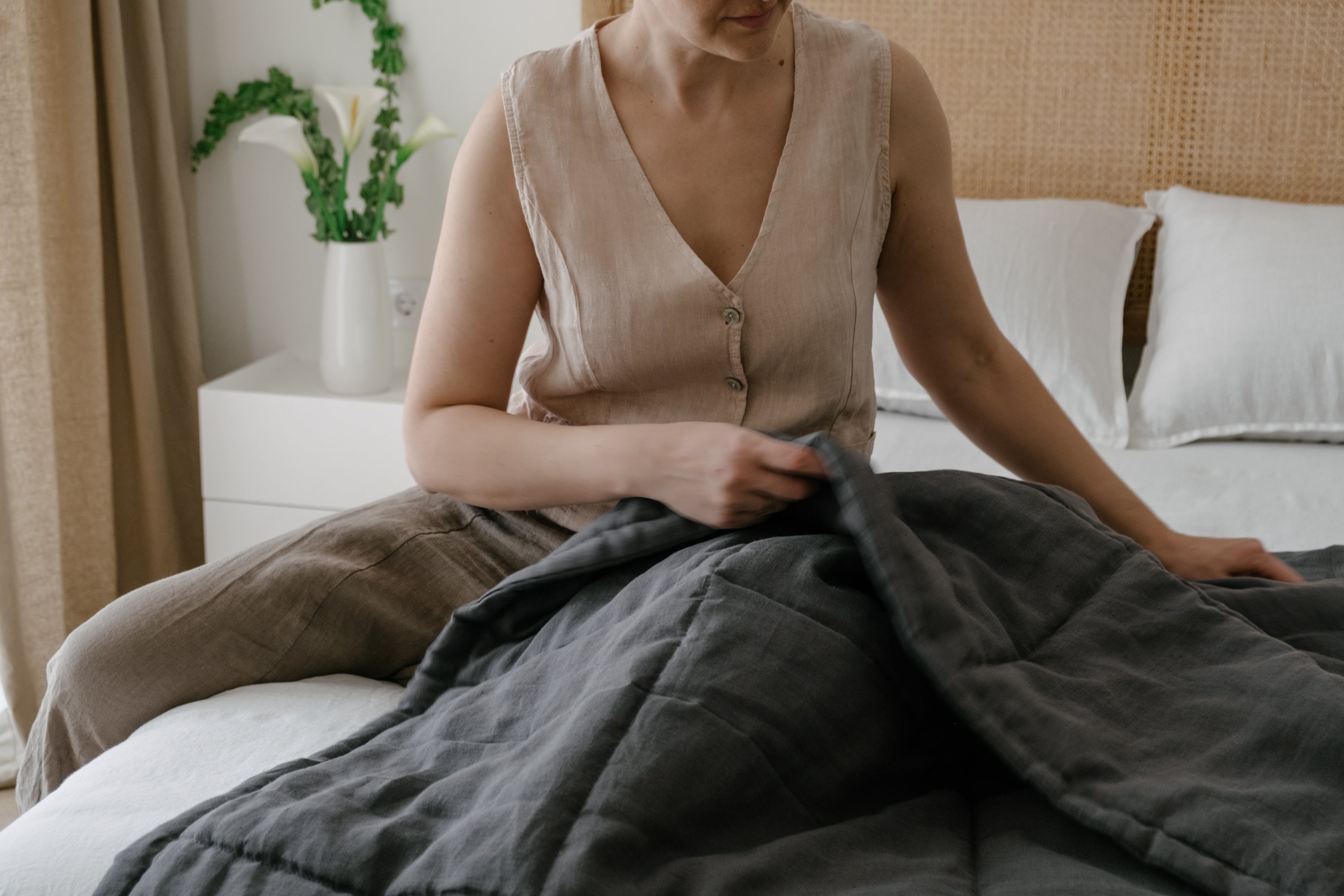 Thick 400gr.m2 Natural Hemp Linen Blanket Graphite Earth Hemp Fiber Filler in Linen Fabric / Hand made