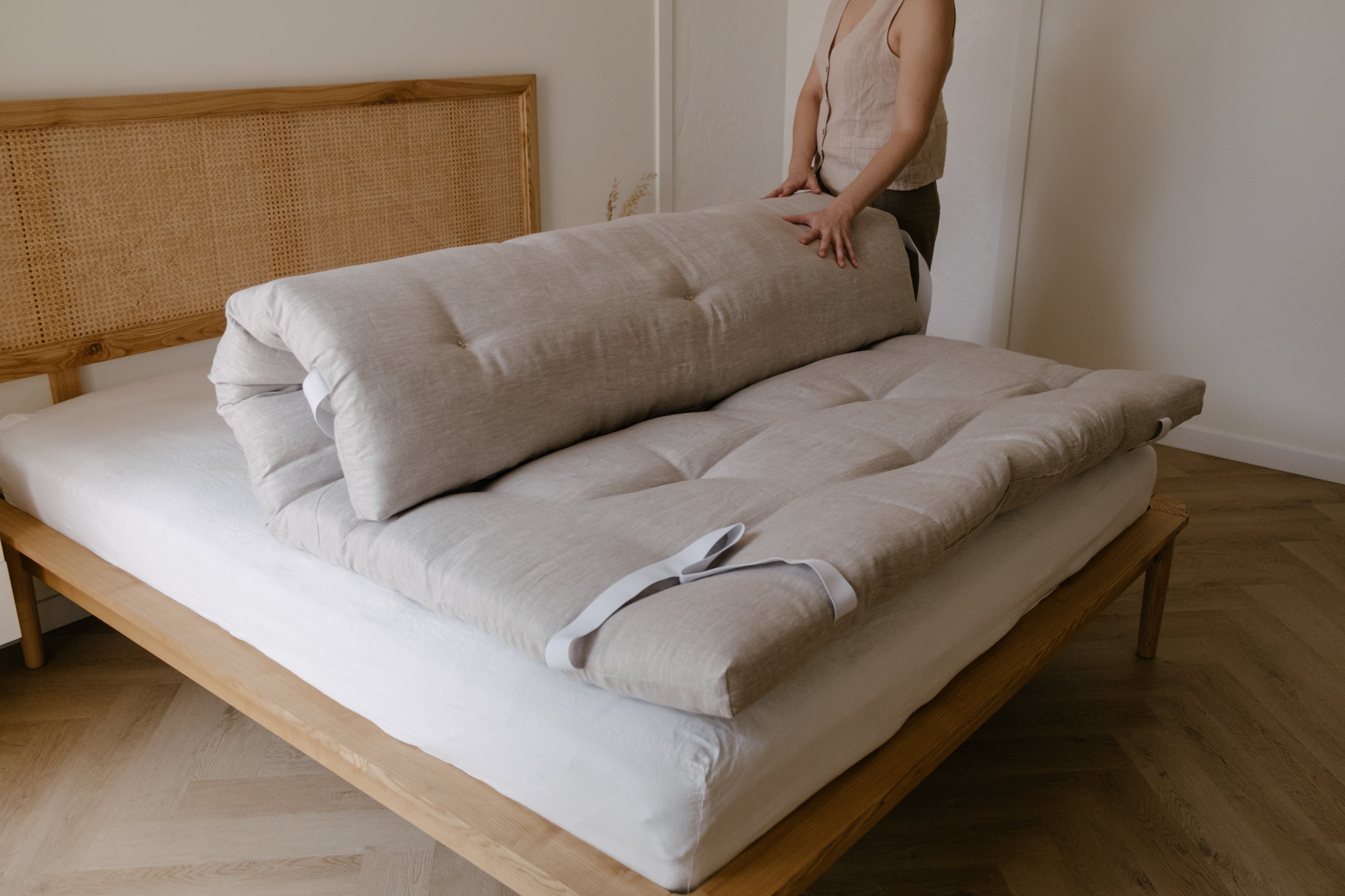Organic Hemp Topper HEMP FIBER filling Thick in non-dyed natural Linen fabric with elastic bands at the corners Handmade Futon