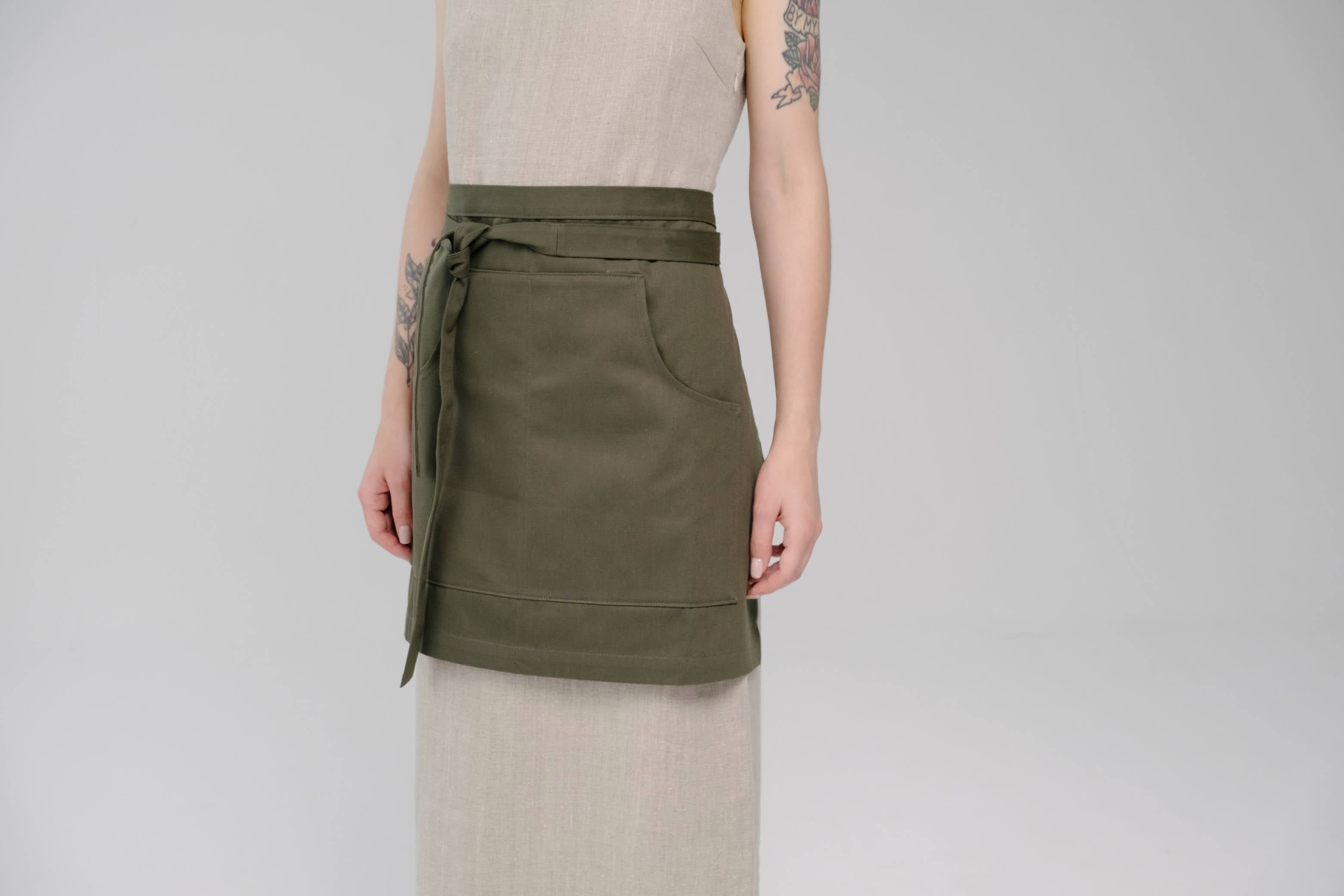 Khaki Cotton Waist Apron, natural bistro apron half apron with pockets Personalized Embroidery Apron for women, men