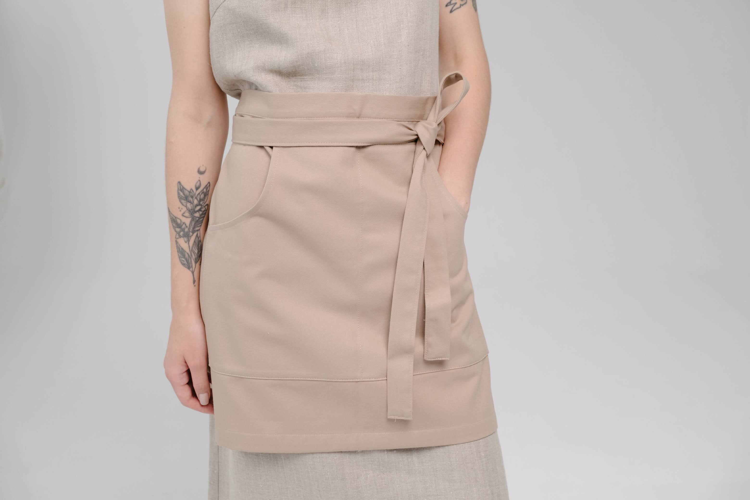 Beige Cotton Waist Apron, natural bistro apron half apron with pockets Personalized Embroidery Apron for women, men