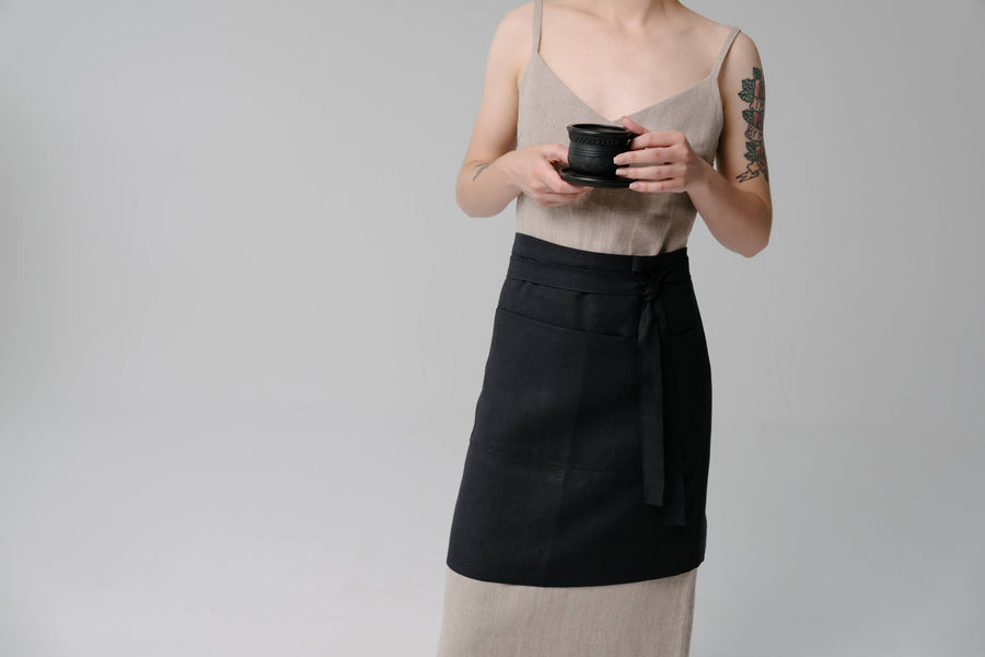 HEMP Black Apron waist apron, natural hemp bistro apron half apron with pockets Personalized Embroidery Apron for women, men