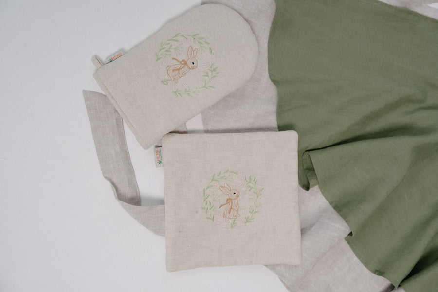 Natural Hemp Linen Oven Mitt and Pot Holder Set Filled unique Hemp fiber filling with embroidery Housewarming gift