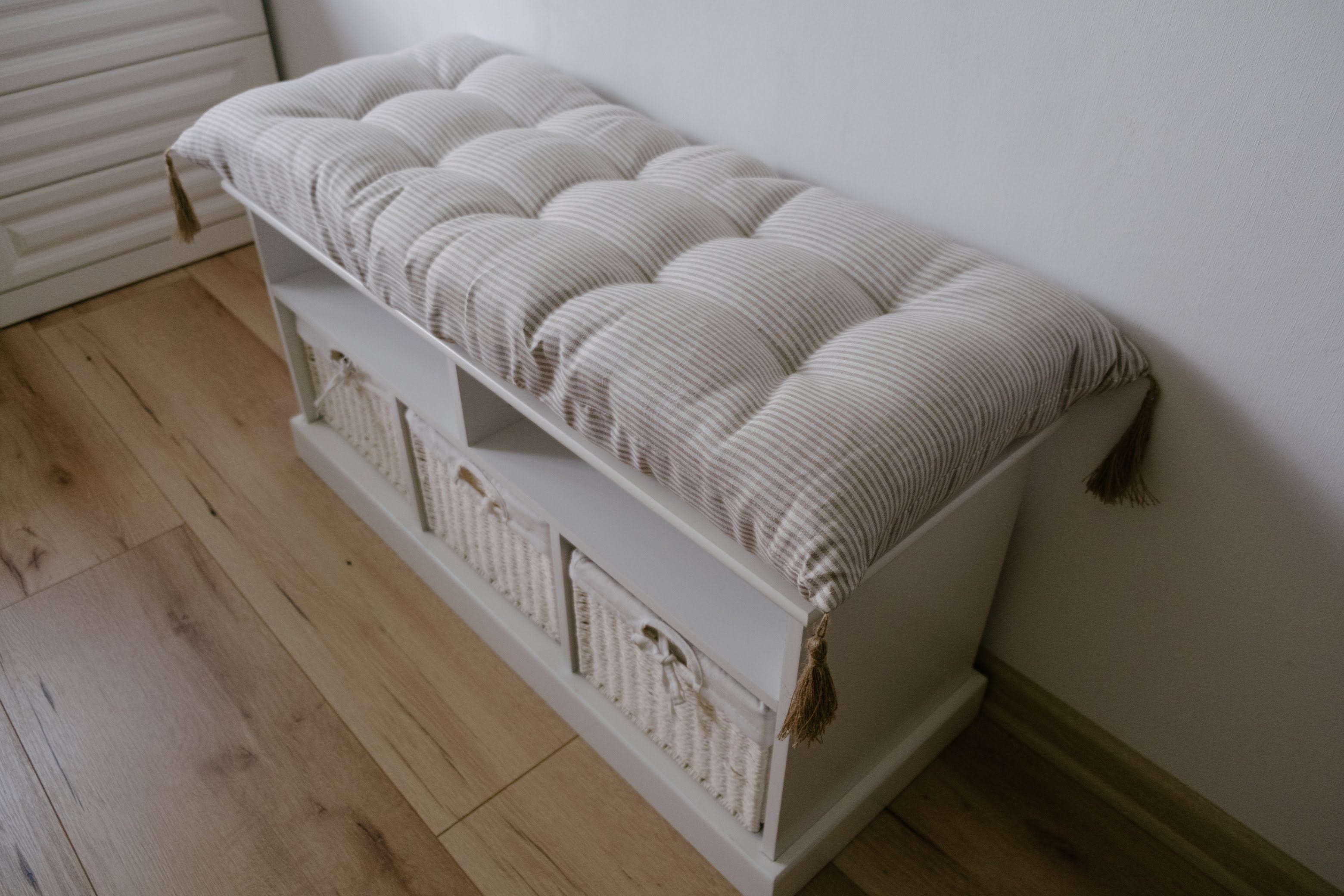 Special listing for Kate Roden two 35" x 14" and one 48" x 16" hemp cushions without tassels in natural linen fabric in stripe