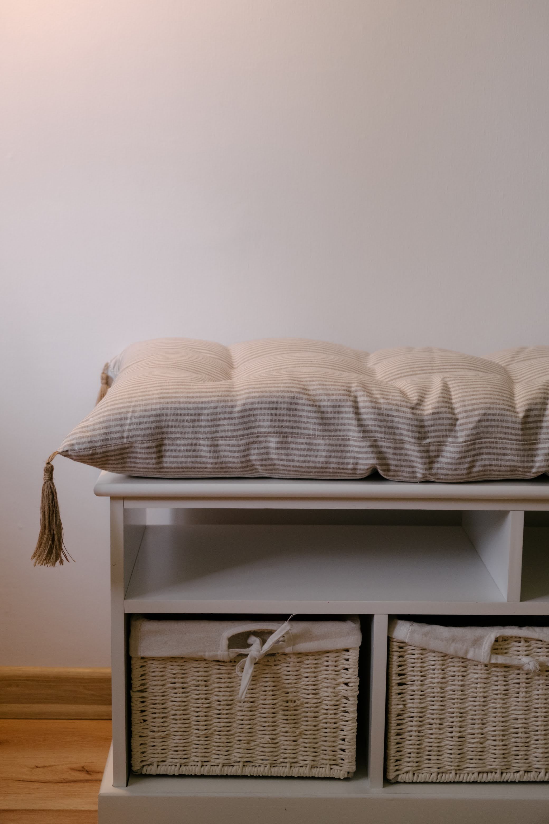 Special listing for Kate Roden two 35" x 14" and one 48" x 16" hemp cushions without tassels in natural linen fabric in stripe
