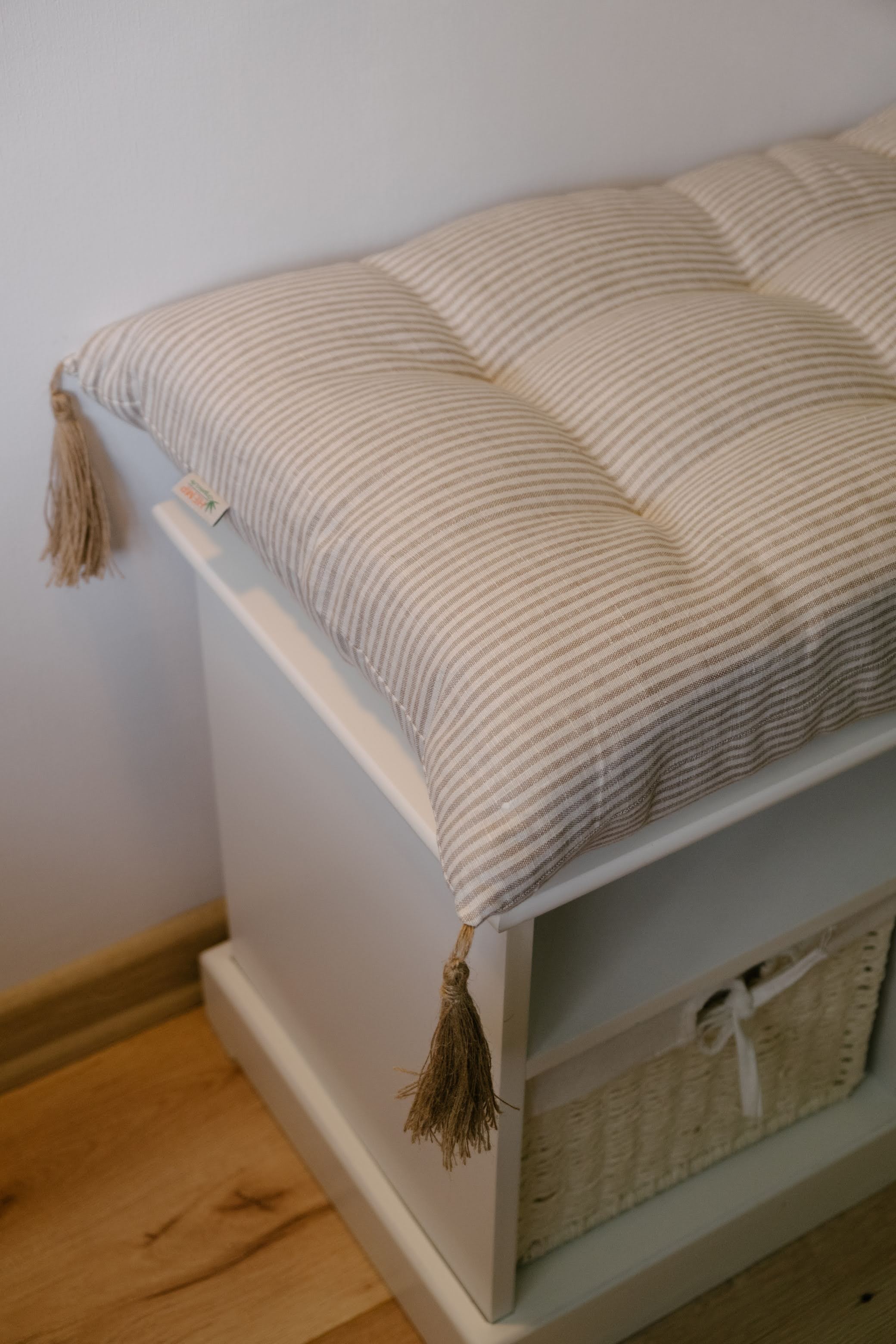 Special listing for Kate Roden two 35" x 14" and one 48" x 16" hemp cushions without tassels in natural linen fabric in stripe