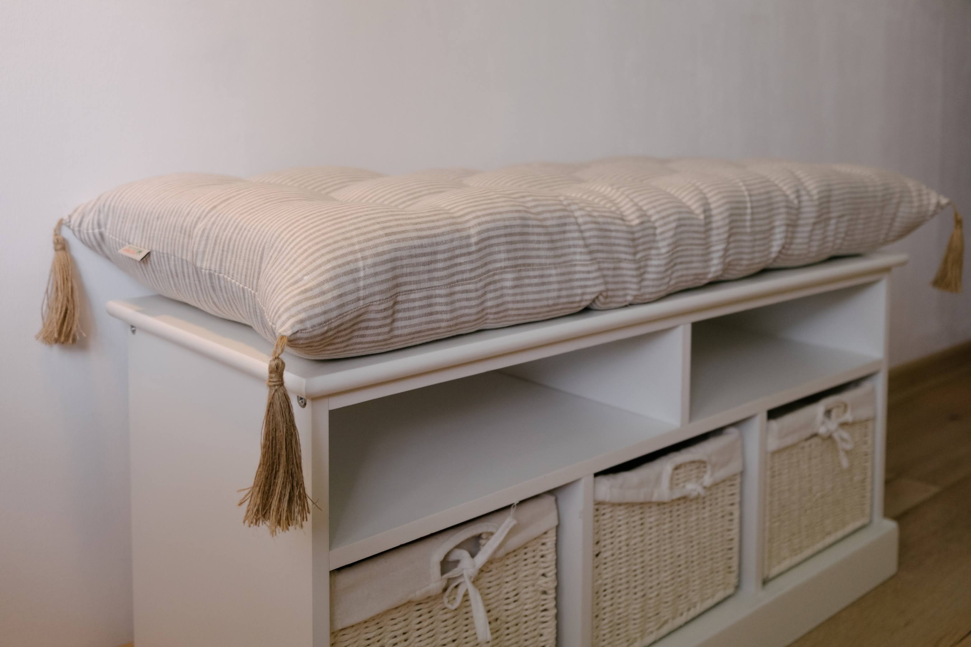 Special listing for Kate Roden two 35" x 14" and one 48" x 16" hemp cushions without tassels in natural linen fabric in stripe