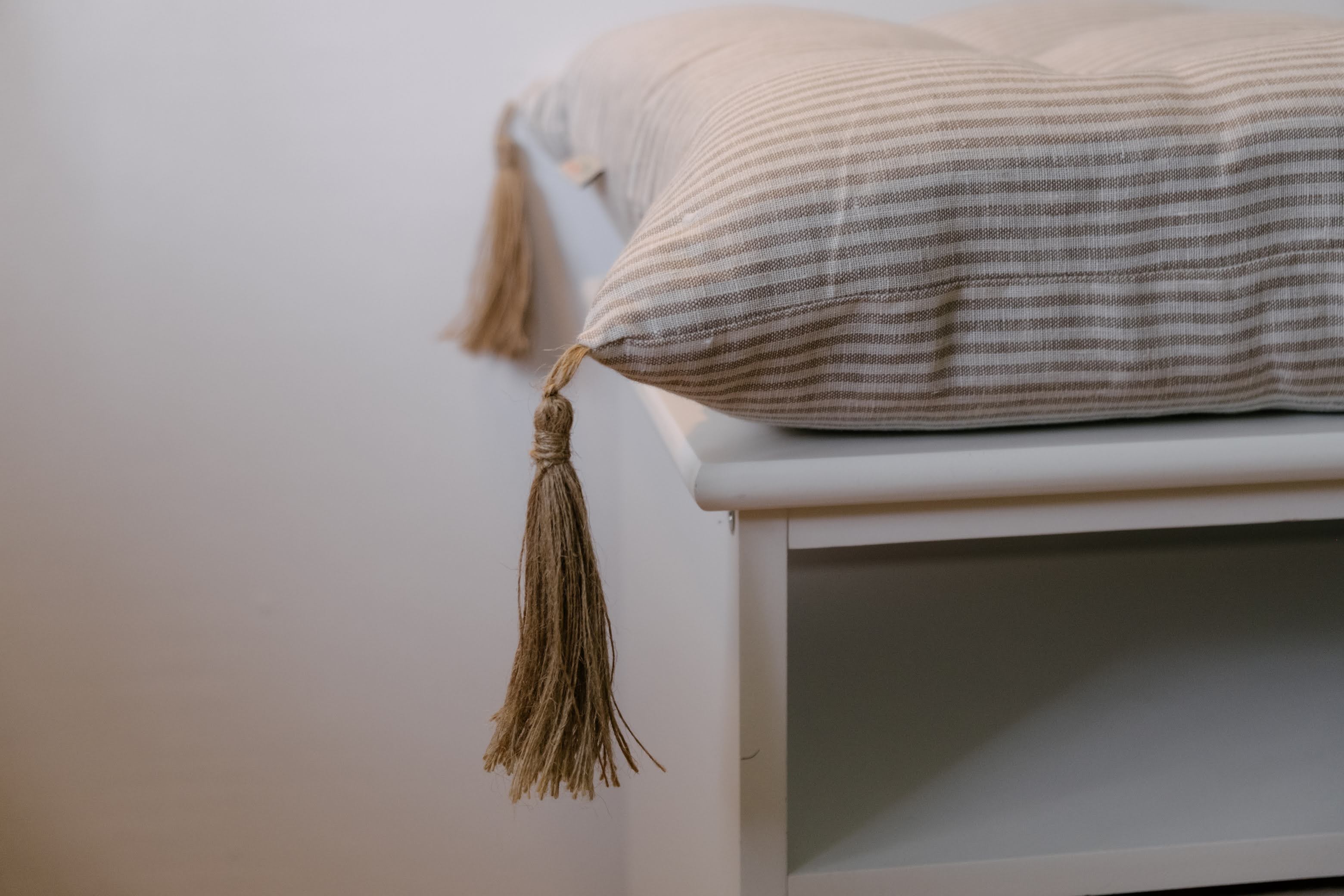Special listing for Kate Roden two 35" x 14" and one 48" x 16" hemp cushions without tassels in natural linen fabric in stripe