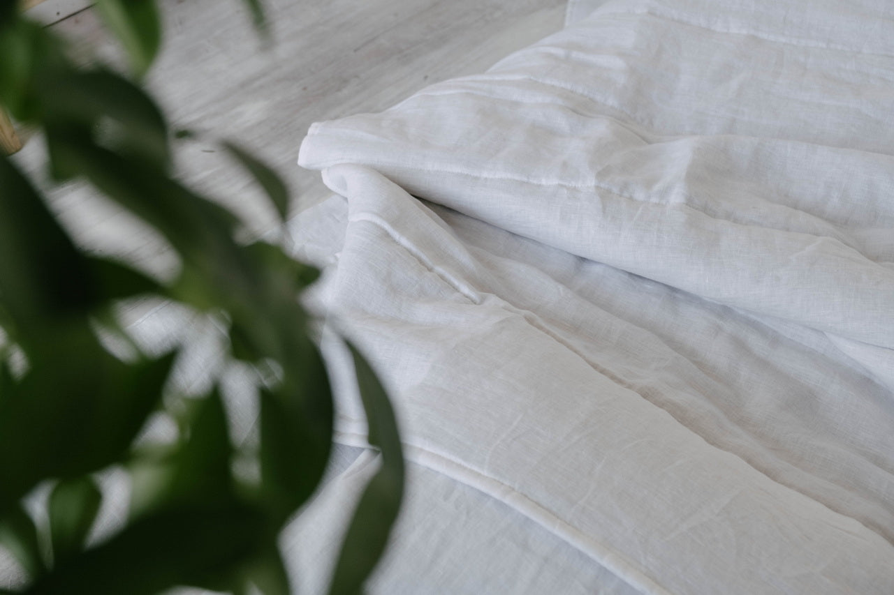 White Natural HEMP Linen blanket quilt in stripe- linen organic fabric + filler organic Hemp fiber - Full Queen King custom sizes