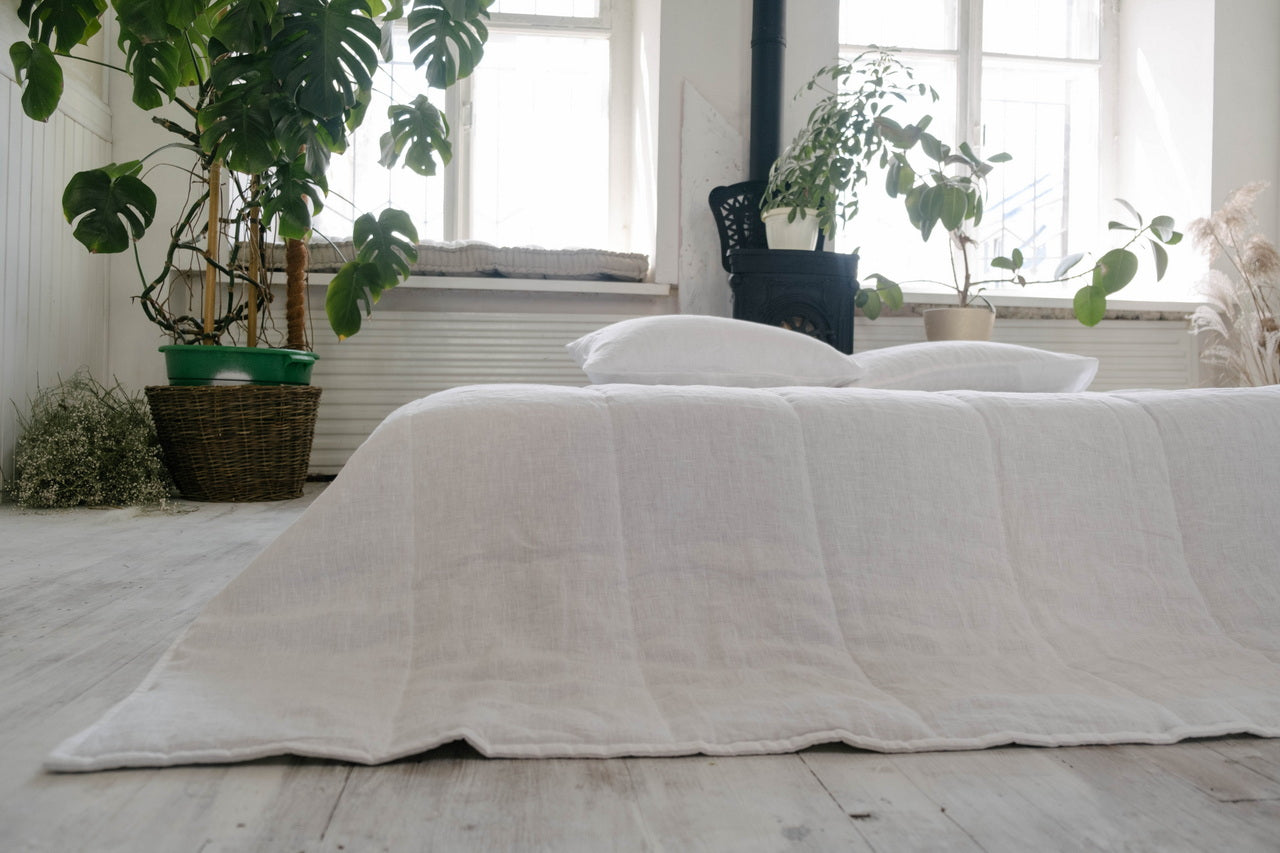 White Natural HEMP Linen blanket quilt in stripe- linen organic fabric + filler organic Hemp fiber - Full Queen King custom sizes