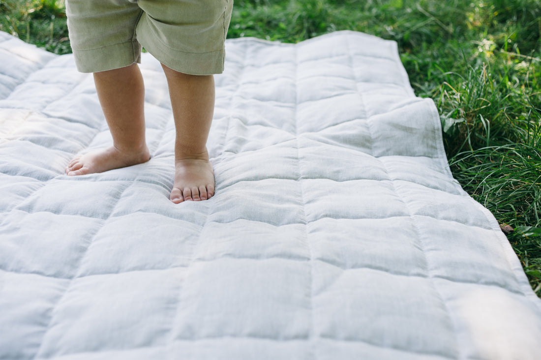 Hemp Linen Play Mat filled HEMP Fiber in Natural Linen fabric Light Yellow Mustard Blanky padded