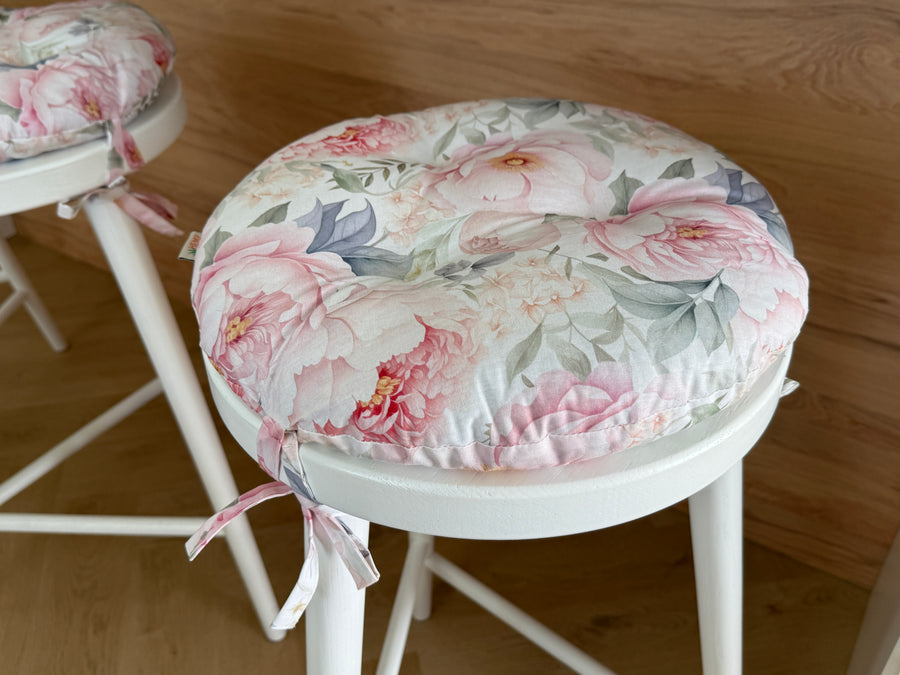 Round Hemp Chair Seat Cushion filled organic Hemp Fiber in Pink Peonies natural cotton fabric Custom Size, Pillow seat