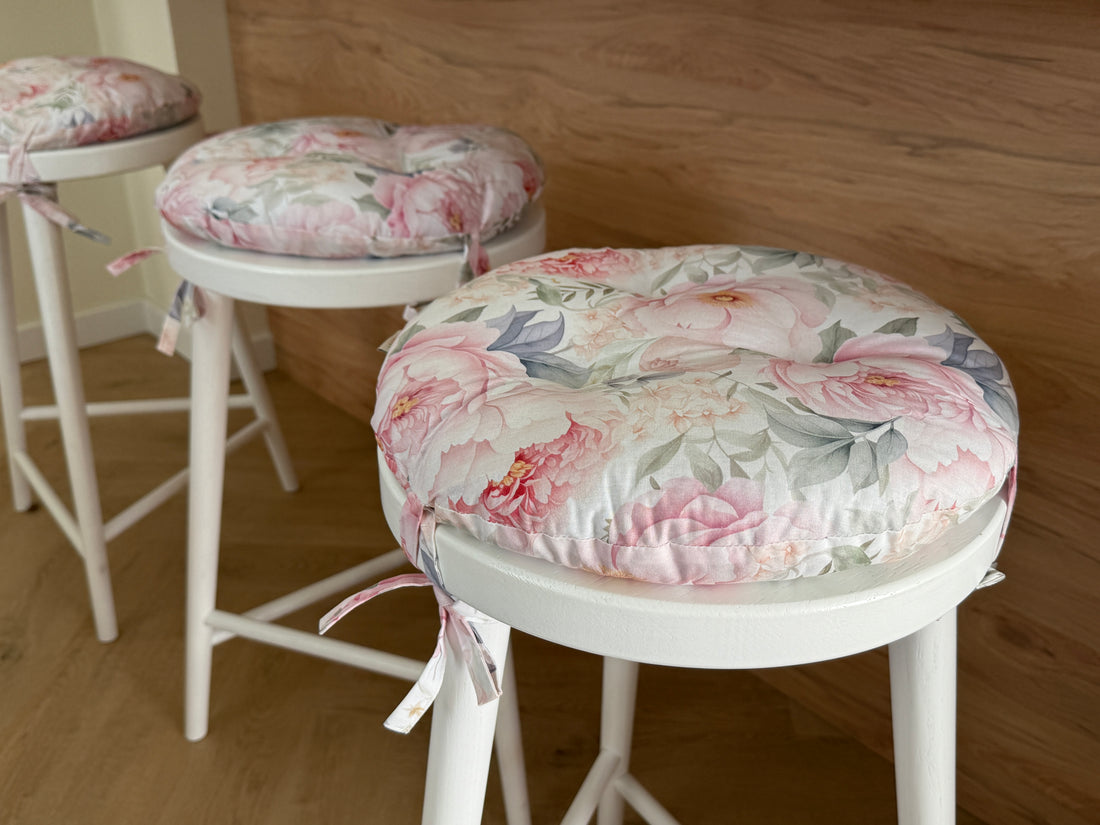 Round Hemp Chair Seat Cushion filled organic Hemp Fiber in Pink Peonies natural cotton fabric Custom Size, Pillow seat