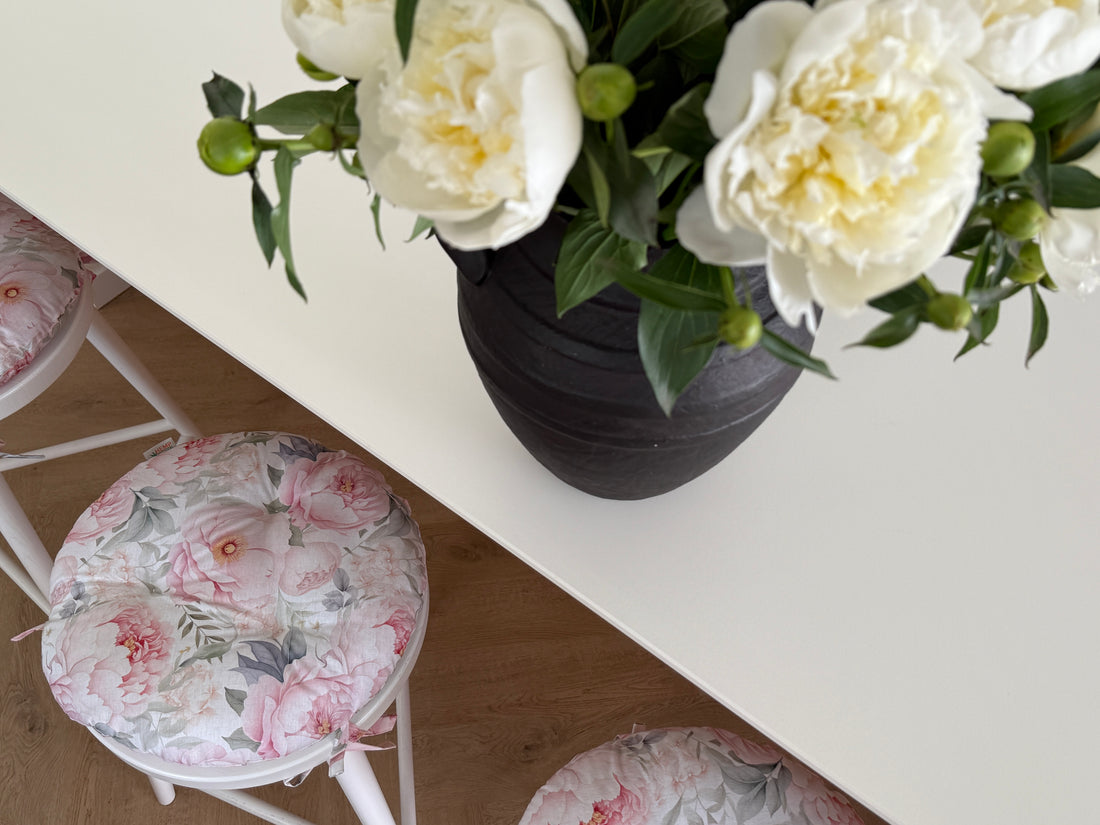 Round Hemp Chair Seat Cushion filled organic Hemp Fiber in Pink Peonies natural cotton fabric Custom Size, Pillow seat