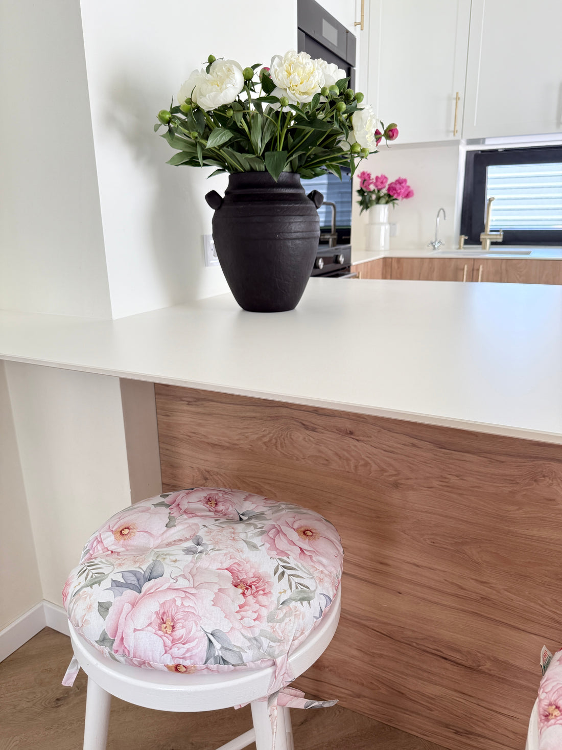 Round Hemp Chair Seat Cushion filled organic Hemp Fiber in Pink Peonies natural cotton fabric Custom Size, Pillow seat