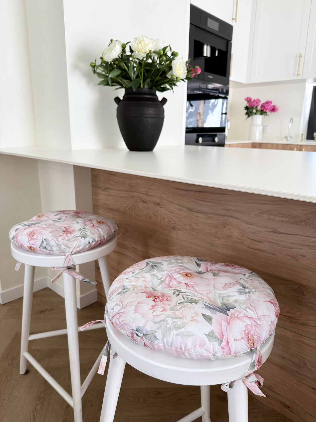 Round Hemp Chair Seat Cushion filled organic Hemp Fiber in Pink Peonies natural cotton fabric Custom Size, Pillow seat