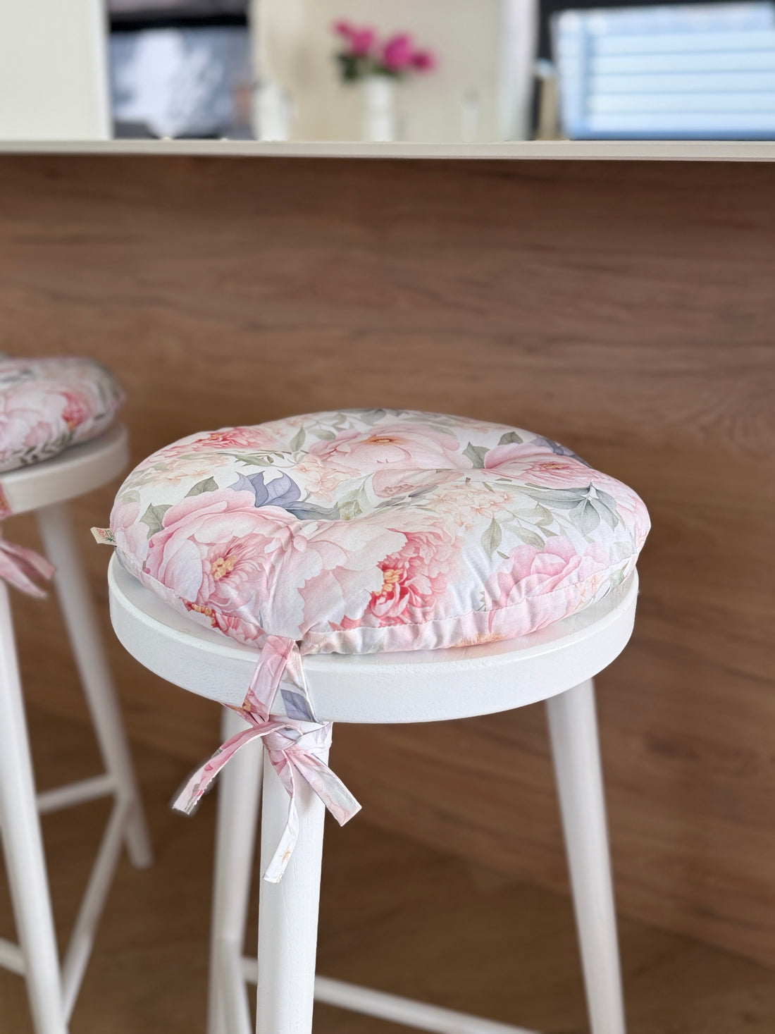 Round Hemp Chair Seat Cushion filled organic Hemp Fiber in Pink Peonies natural cotton fabric Custom Size, Pillow seat