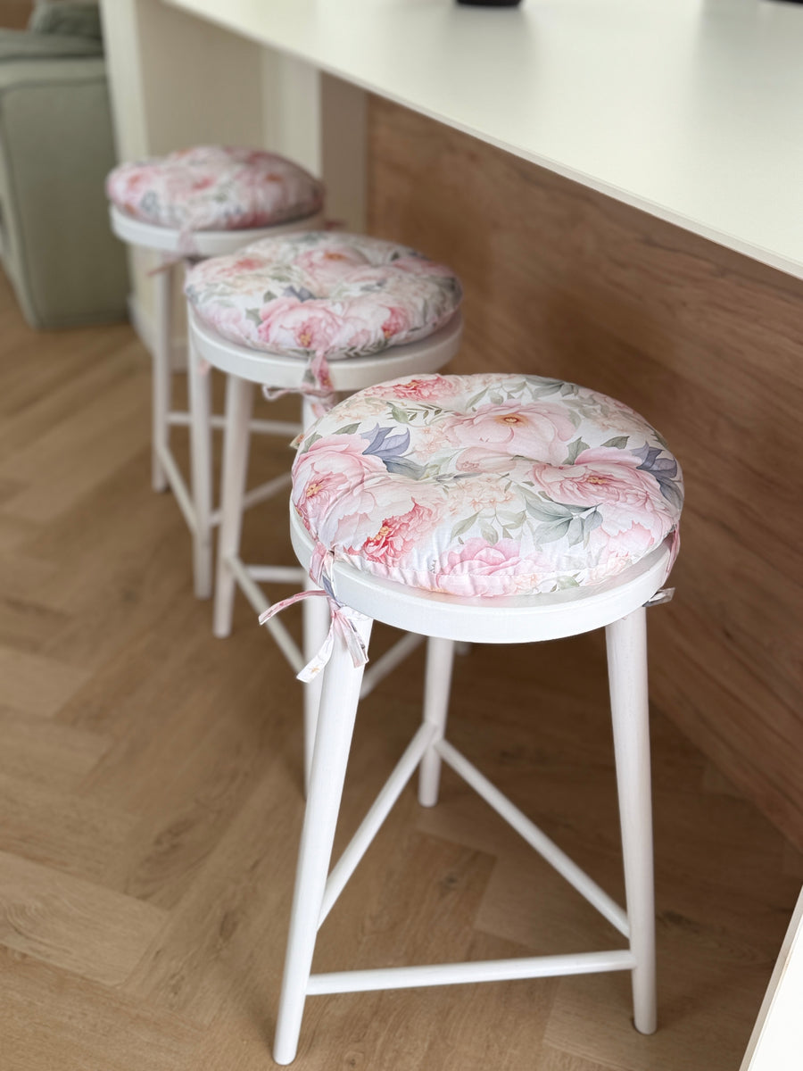 Round Hemp Chair Seat Cushion filled organic Hemp Fiber in Pink Peonies natural cotton fabric Custom Size, Pillow seat