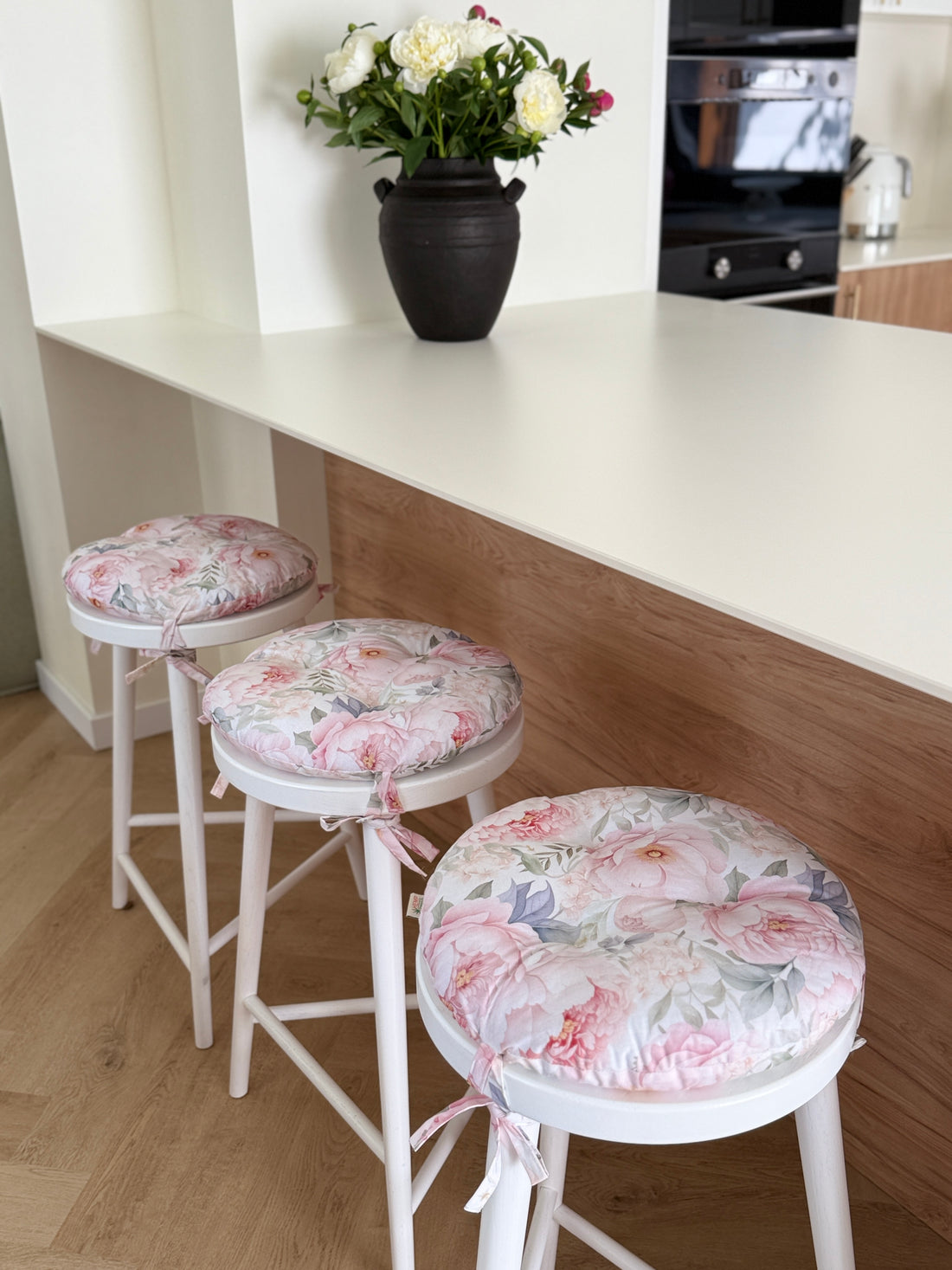 Round Hemp Chair Seat Cushion filled organic Hemp Fiber in Pink Peonies natural cotton fabric Custom Size, Pillow seat