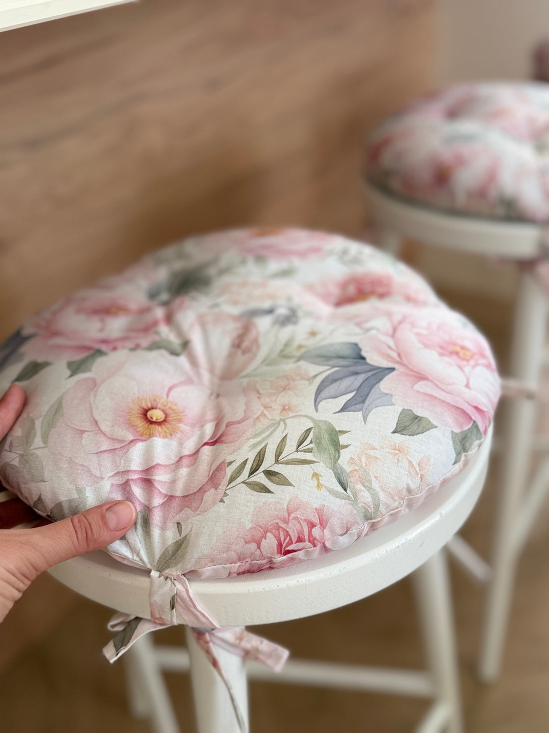 Round Hemp Chair Seat Cushion filled organic Hemp Fiber in Pink Peonies natural cotton fabric Custom Size, Pillow seat