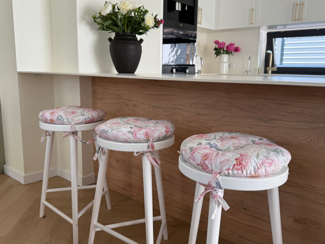 Round Hemp Chair Seat Cushion filled organic Hemp Fiber in Pink Peonies natural cotton fabric Custom Size, Pillow seat