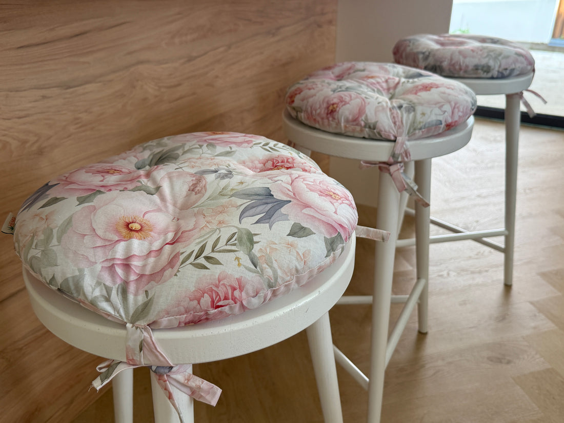 Round Hemp Chair Seat Cushion filled organic Hemp Fiber in Pink Peonies natural cotton fabric Custom Size, Pillow seat