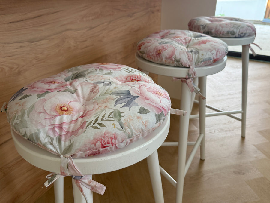 Round Hemp Chair Seat Cushion filled organic Hemp Fiber in Pink Peonies natural cotton fabric Custom Size, Pillow seat