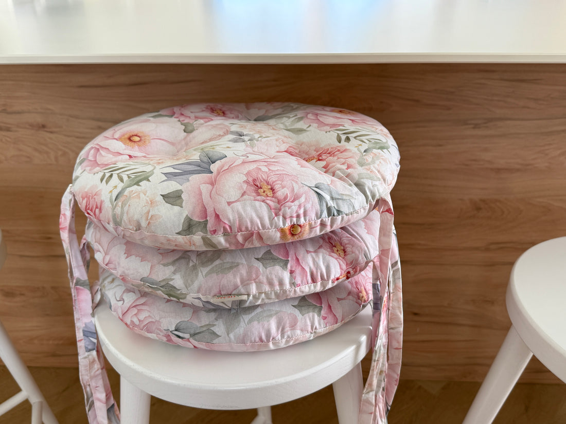 Round Hemp Chair Seat Cushion filled organic Hemp Fiber in Pink Peonies natural cotton fabric Custom Size, Pillow seat