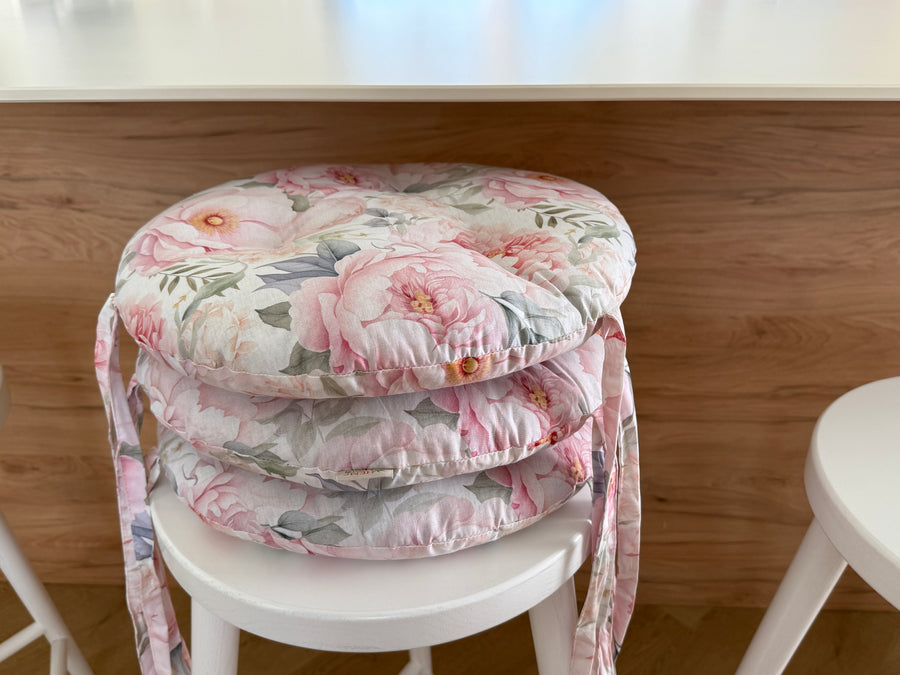 Round Hemp Chair Seat Cushion filled organic Hemp Fiber in Pink Peonies natural cotton fabric Custom Size, Pillow seat