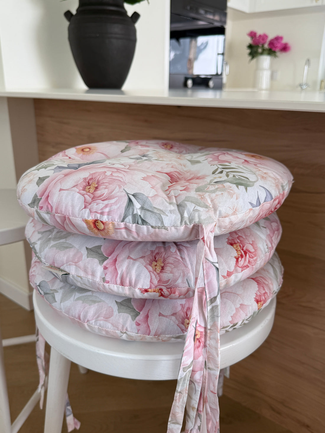 Round Hemp Chair Seat Cushion filled organic Hemp Fiber in Pink Peonies natural cotton fabric Custom Size, Pillow seat