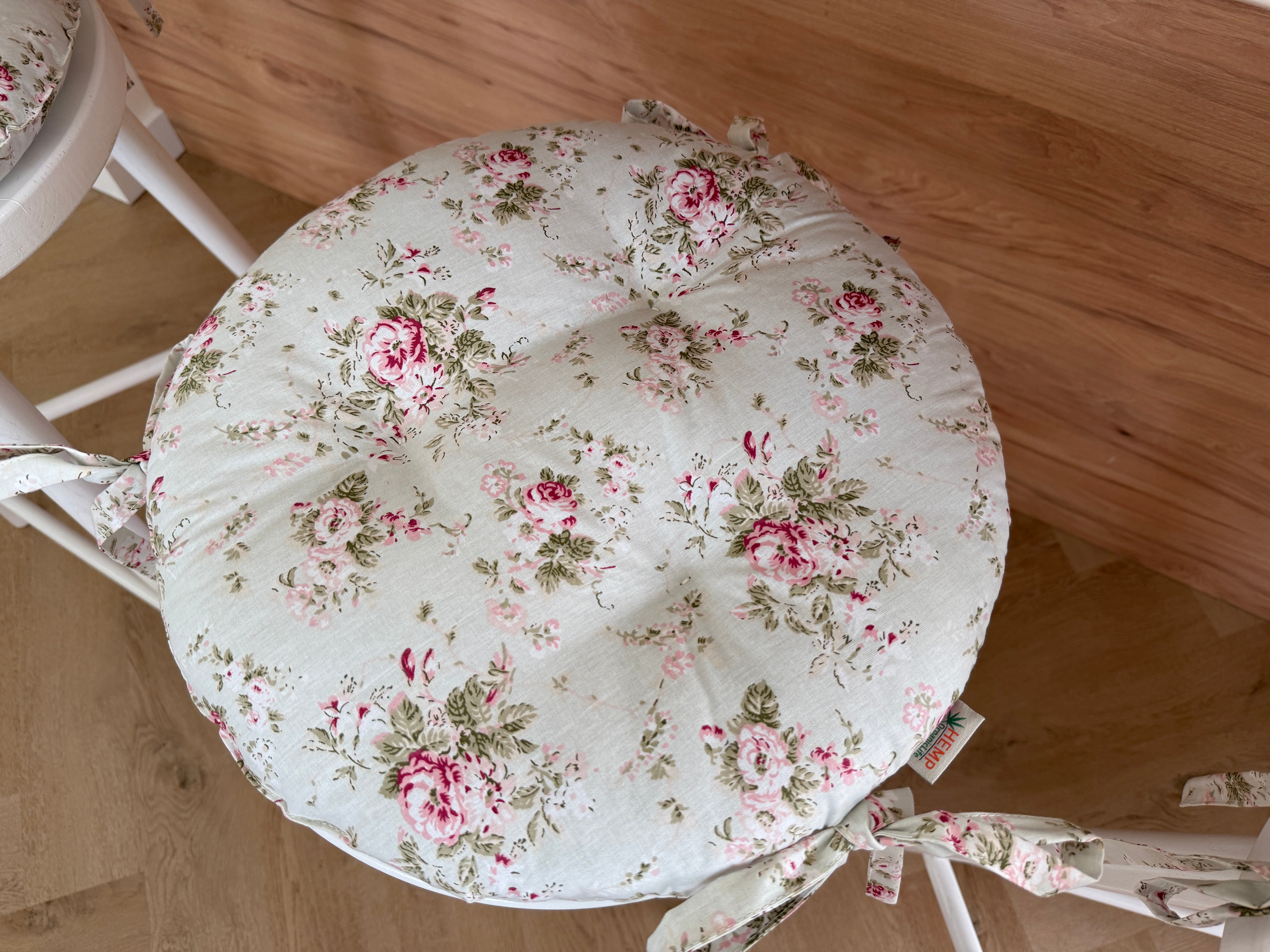 D 13.7" (35cm) Round Hemp Chair Seat Cushion filled organic Hemp Fiber in Roses on Mint natural cotton fabric with 3 ties