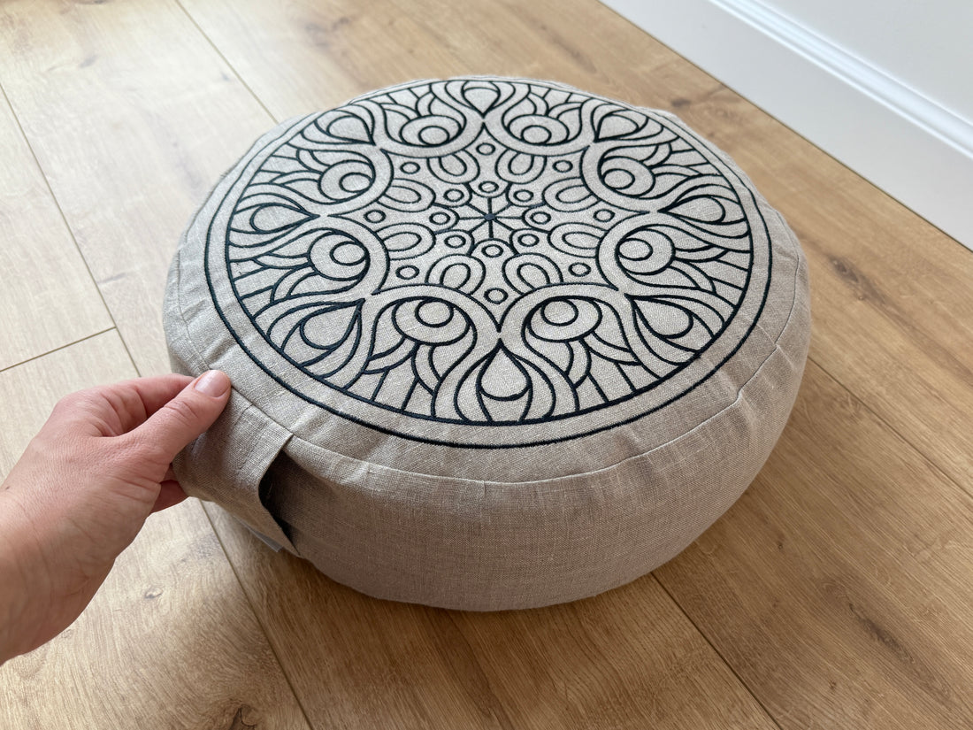 Embroidery Zafu Linen floor cushion with Buckwheat hulls /Organic Meditation cushion/ pillow seat/Meditation pillow for Yoga studio (Copy)
